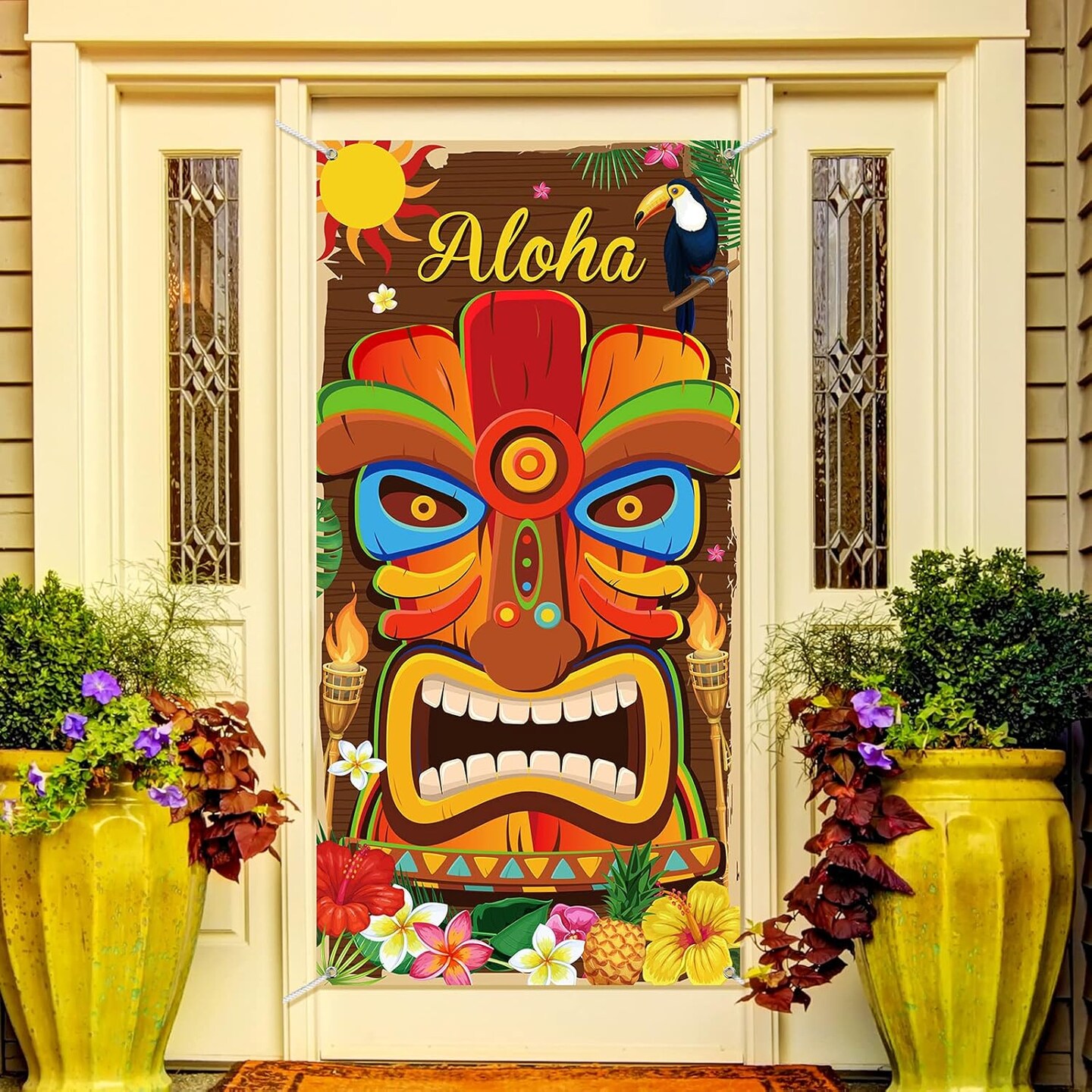 Aloha Door Cover Tiki Wall Hanging Decor for Summer Aloha Luau Party Front Door Banner Porch Sign for Indoor Outdoor Decorations Hawaiian Luau Party Supplies Photo Backdrop, 35.4 x 70.9 Inch