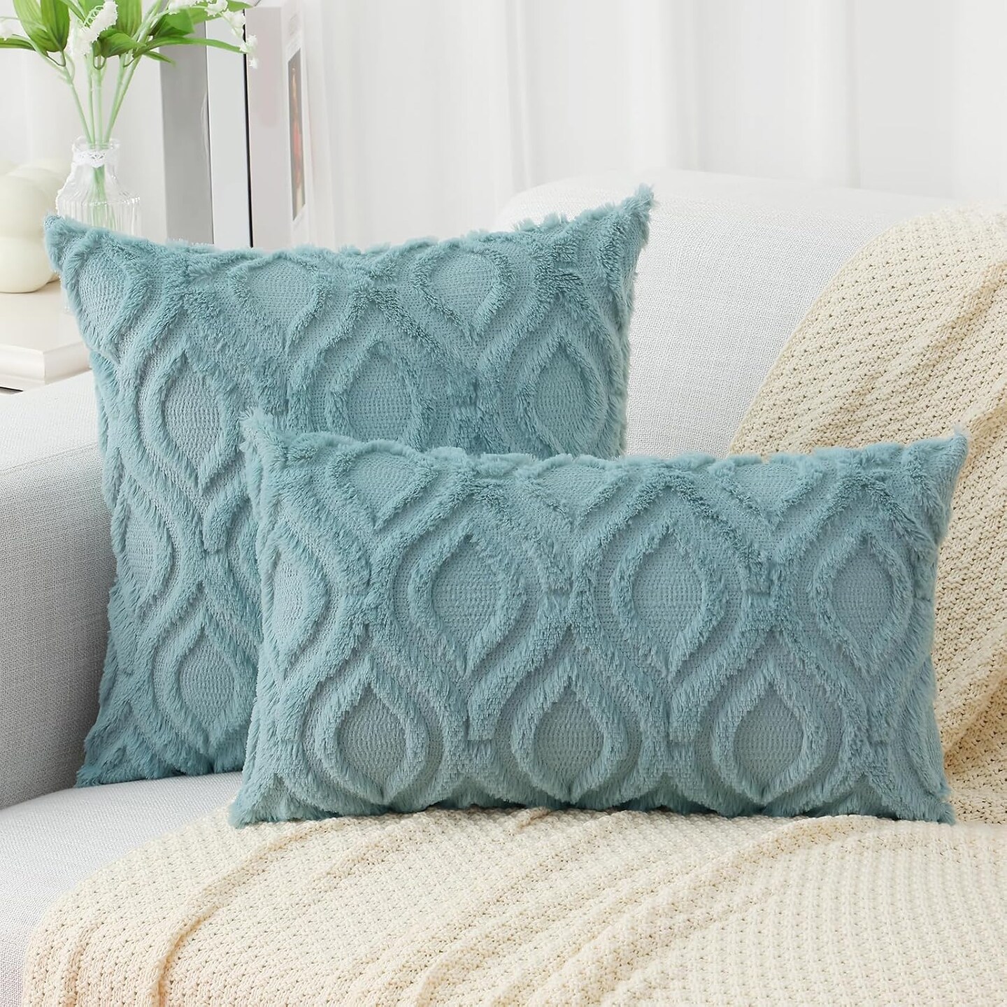 Throw Pillow Covers 18x18 Inch Set of 2, Soft Plush Faux Wool Aqua Couch Pillow Covers, Spring Solid Dyed Accent Pillow Cases for Sofa Bed Living Room Home Decor