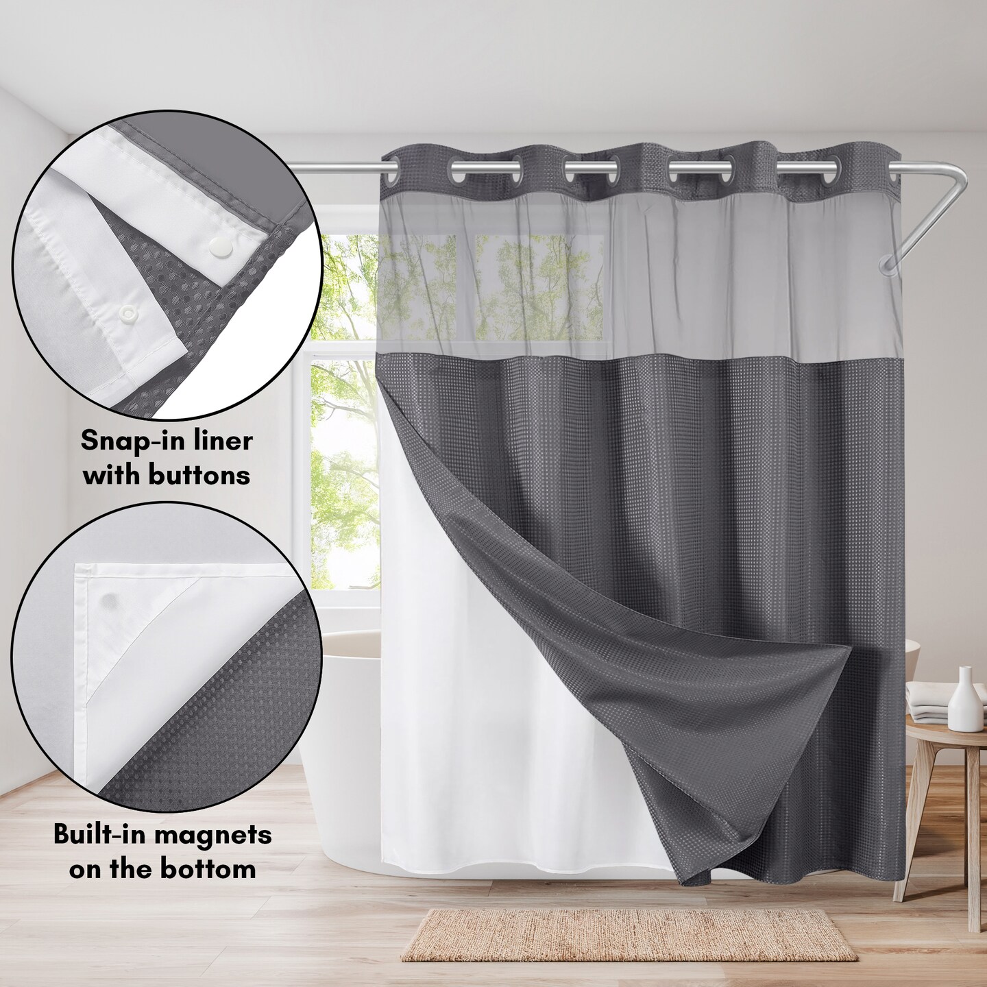 Americanflat 72x75 Hookless Waffle Pattern Shower Curtain - Water-Resistant Long Shower Curtain with Sheer Panel, Snap-In Liner, and Grommets