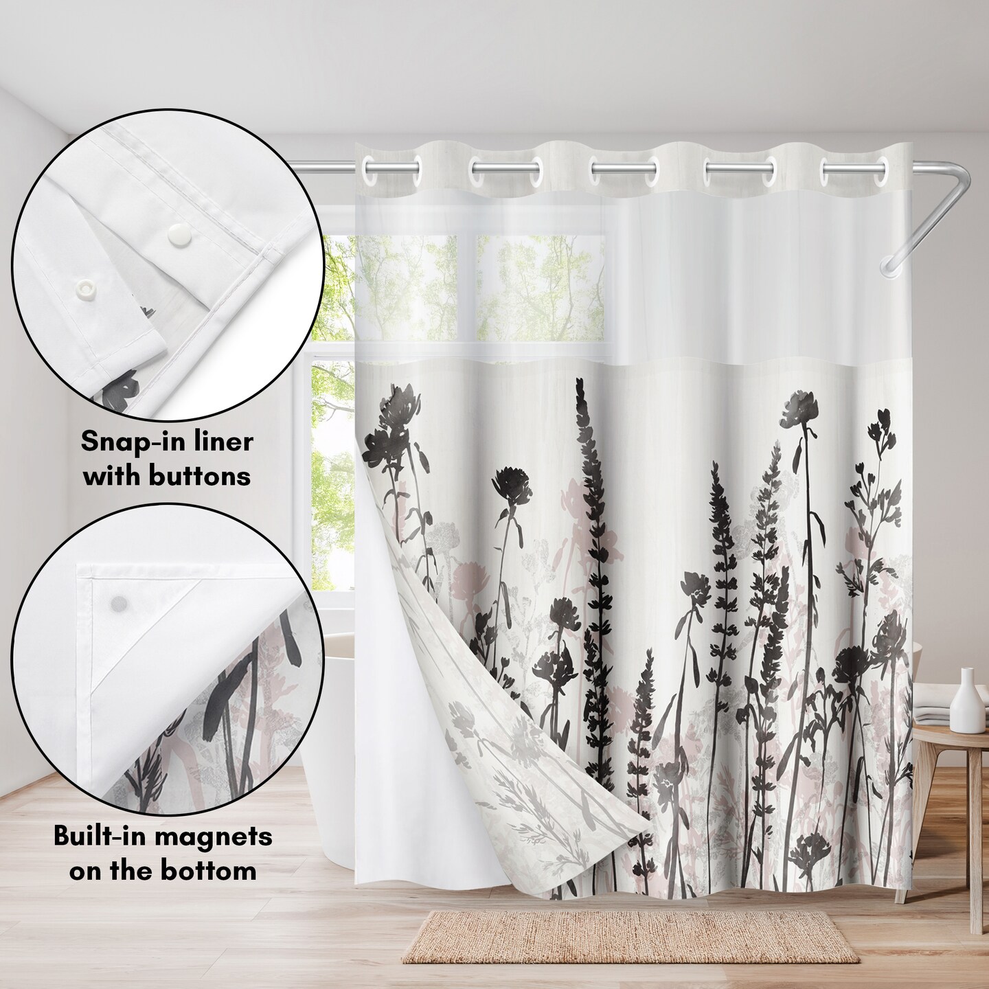 Americanflat 72x75 Hookless Shower Curtain - Floral Cream and Red Shower Curtain with Sheer Panel, Snap-In Liner, and Grommets - 100% Polyester