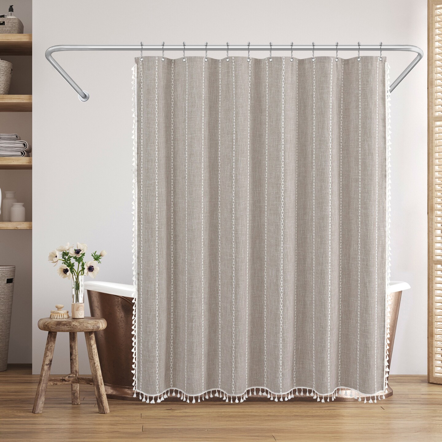 Americanflat 71x71 Woven Linen Shower Curtain with Tassel Accents - Includes 12 Grommets and Hooks - 100% Polyester