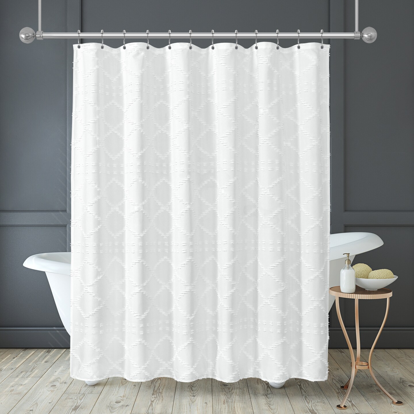 Americanflat 71x71 White Woven Shower Curtain with Tassel And Accents - Includes 12 Grommets and Hooks - 100% Polyester