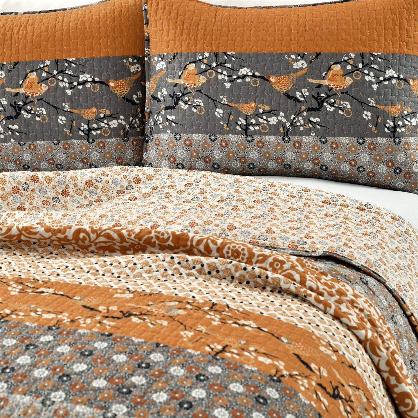 Orange-Grey Cotton Reversible 3-Piece Quilt Set with Floral Bird Design