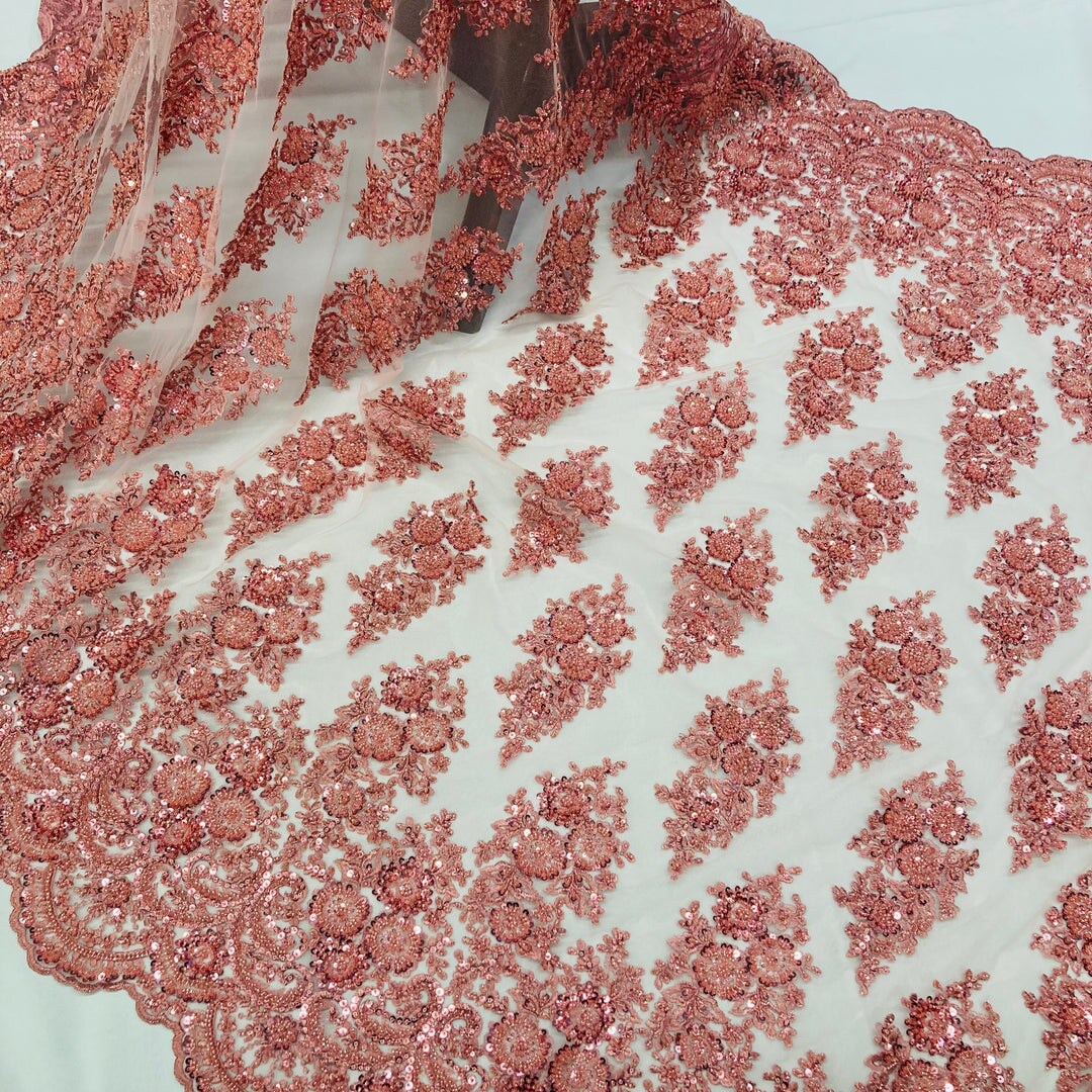 1 Yard Red Beaded Embroidered Lace Fabric on 100% Polyester Mesh, 50" Width