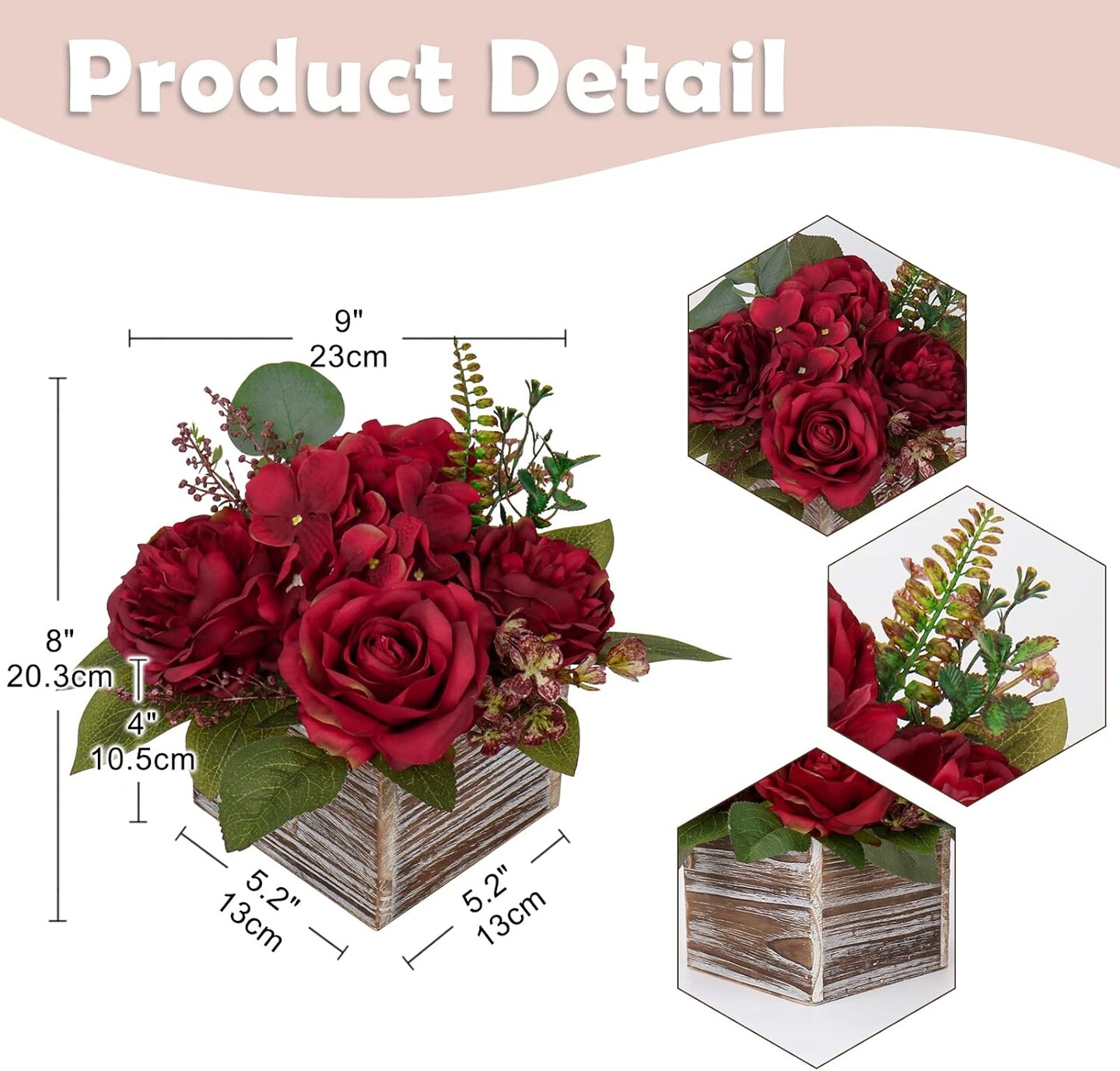 Flower Arrangement with Wooden Vase 8&#x22; Artificial Flowers in Pot - Fake Flowers Roses Peonies Hydrangeas in Wooden Vase Potted Artificial Flower Centerpieces for Table Decor Living Room - Red