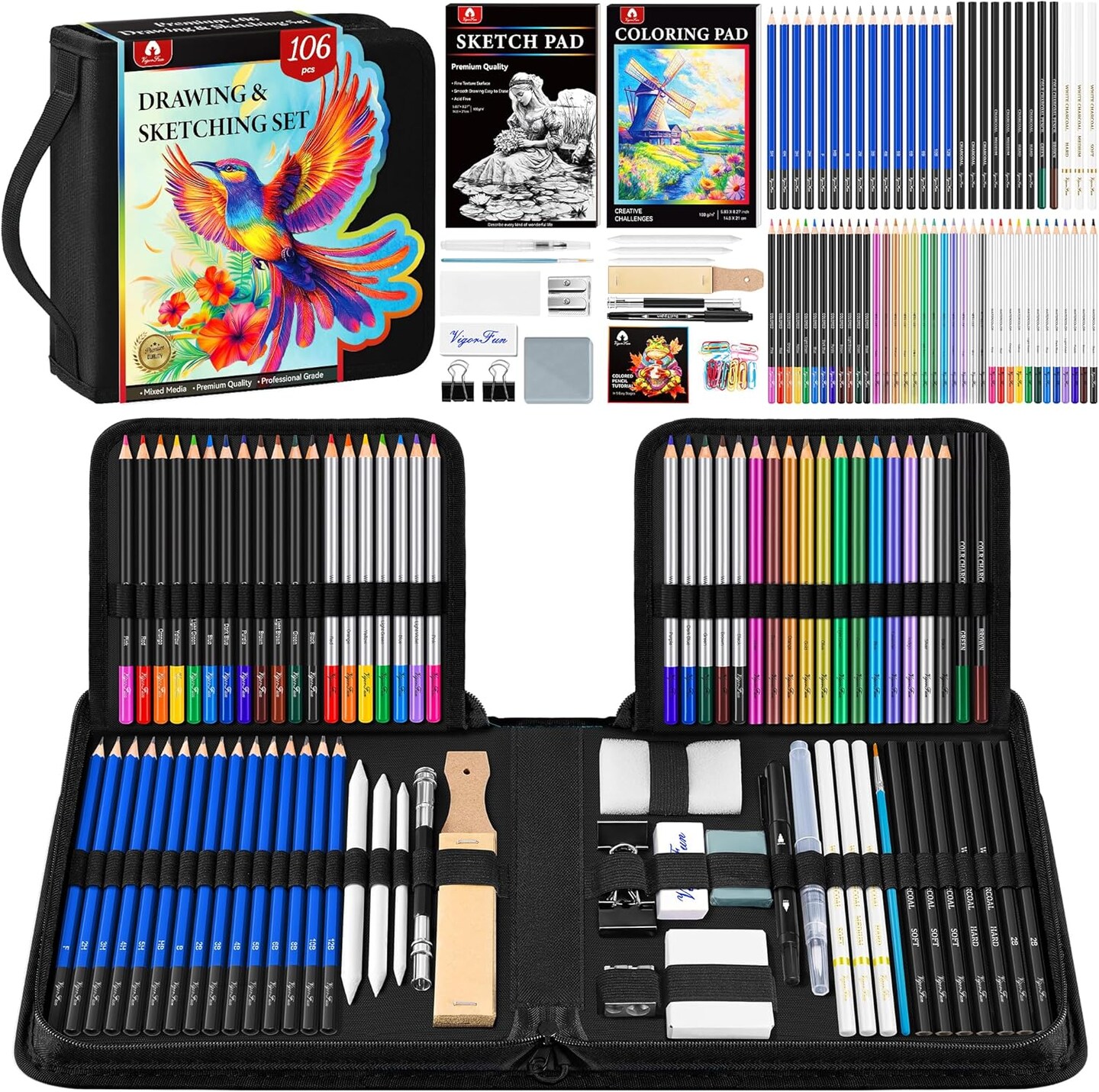 106 PCS Art Supplies Sketching Kit, Pro Drawing Pencils with 3-Color Sketchbook, Coloring Book, Colored Graphite Charcoal Watercolor &#x26; Metallic Pencils, Drawing Supplies Gifts for Artists Adults Kids