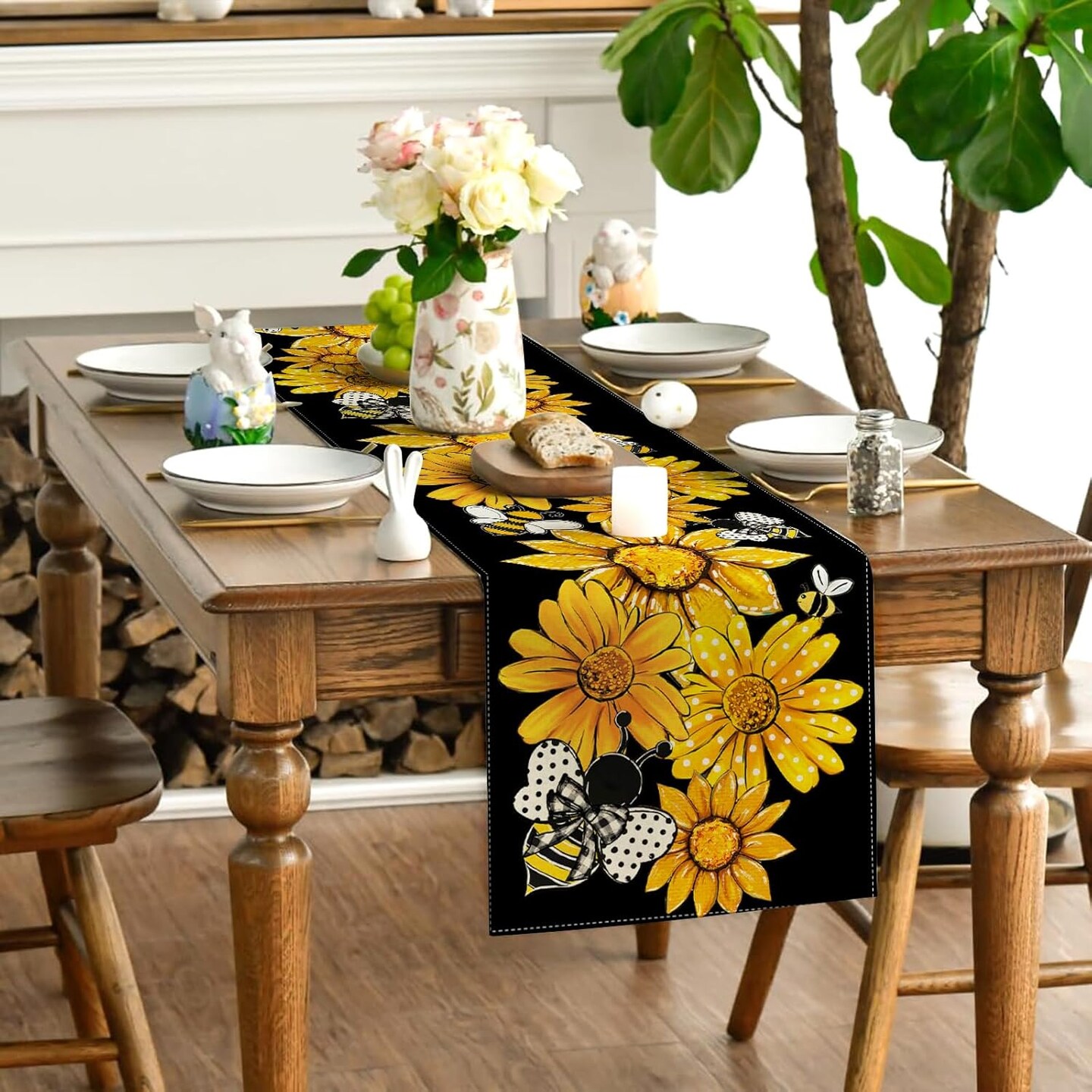 Summer Sunflower Table Runner – Spring Floral Bee Table Cover, Rustic Farmhouse Seasonal Table Decor for Home, Kitchen & Party Decorations