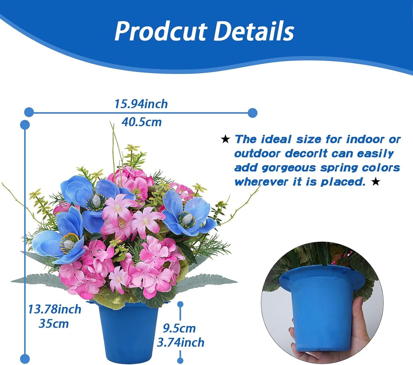 2 Pcs Fake Potted Flowers Spring Centerpieces for Tables 13.78&#x22; Easter Centerpiece Silk Flower with Iron Pots Small Plants Orchid Hydrangea for Indoor Table Top Dining Table Office Decor Pink Blue
