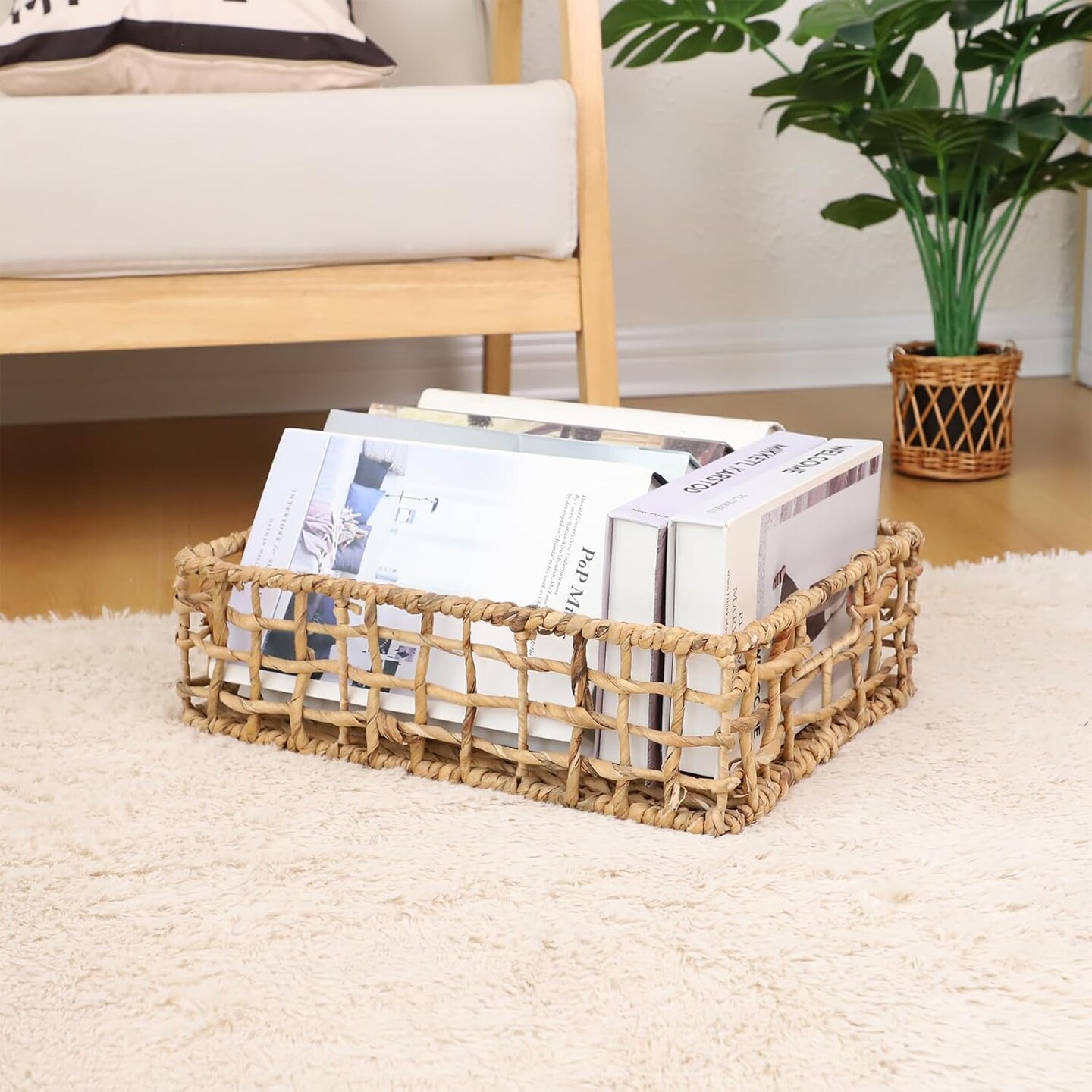 Summer Storage Basket Wicker Baskets for Organizing Hollow Woven Basket with Built-in Handles for Shelves/Pantry 16" x 12" x 5.5" Natural