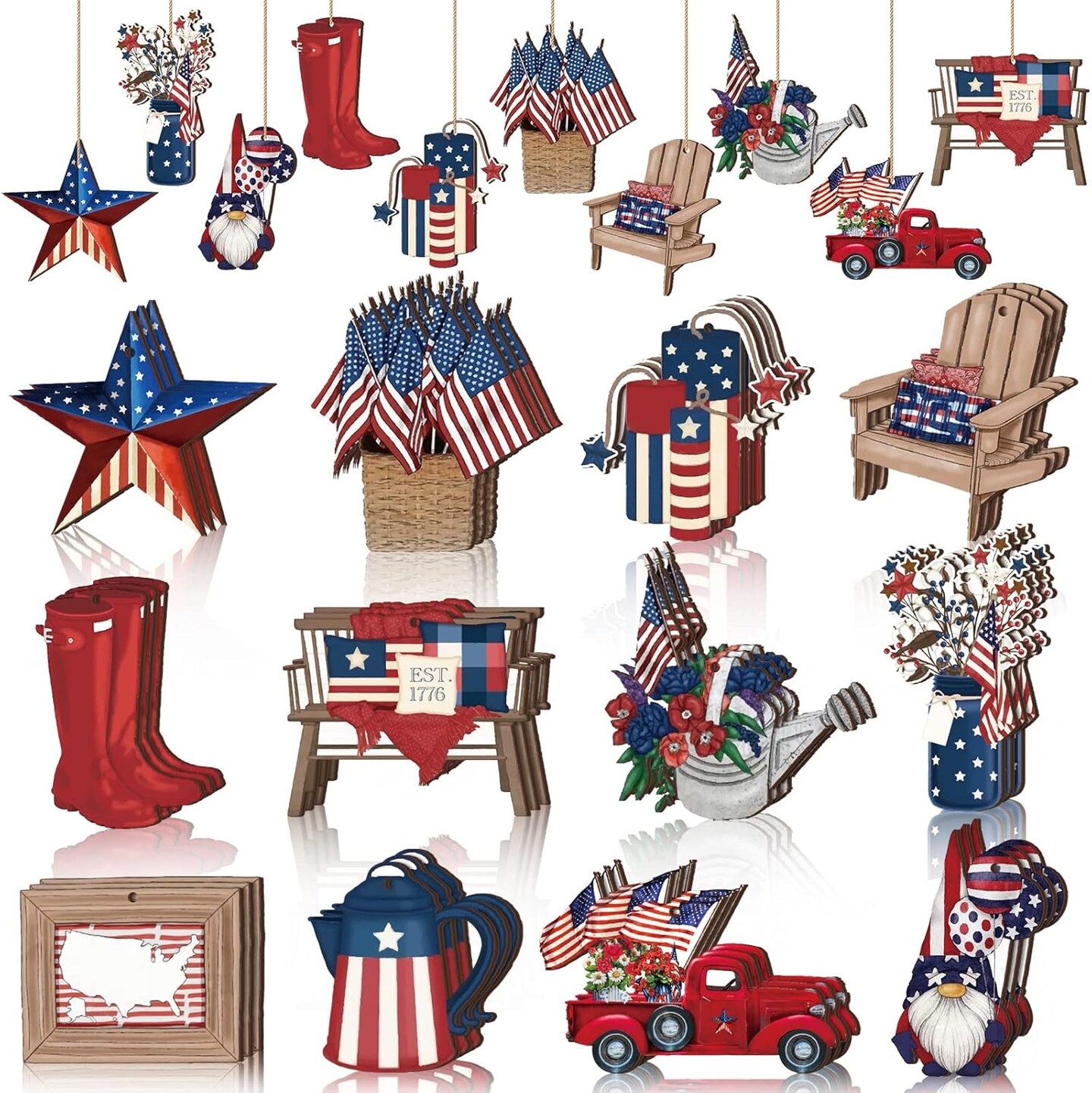 36-piece set of patriotic wooden ornaments featuring red, white, and blue designs with stars and gnome cutouts, ideal for decorating trees, wreaths, home displays, and holiday crafts.