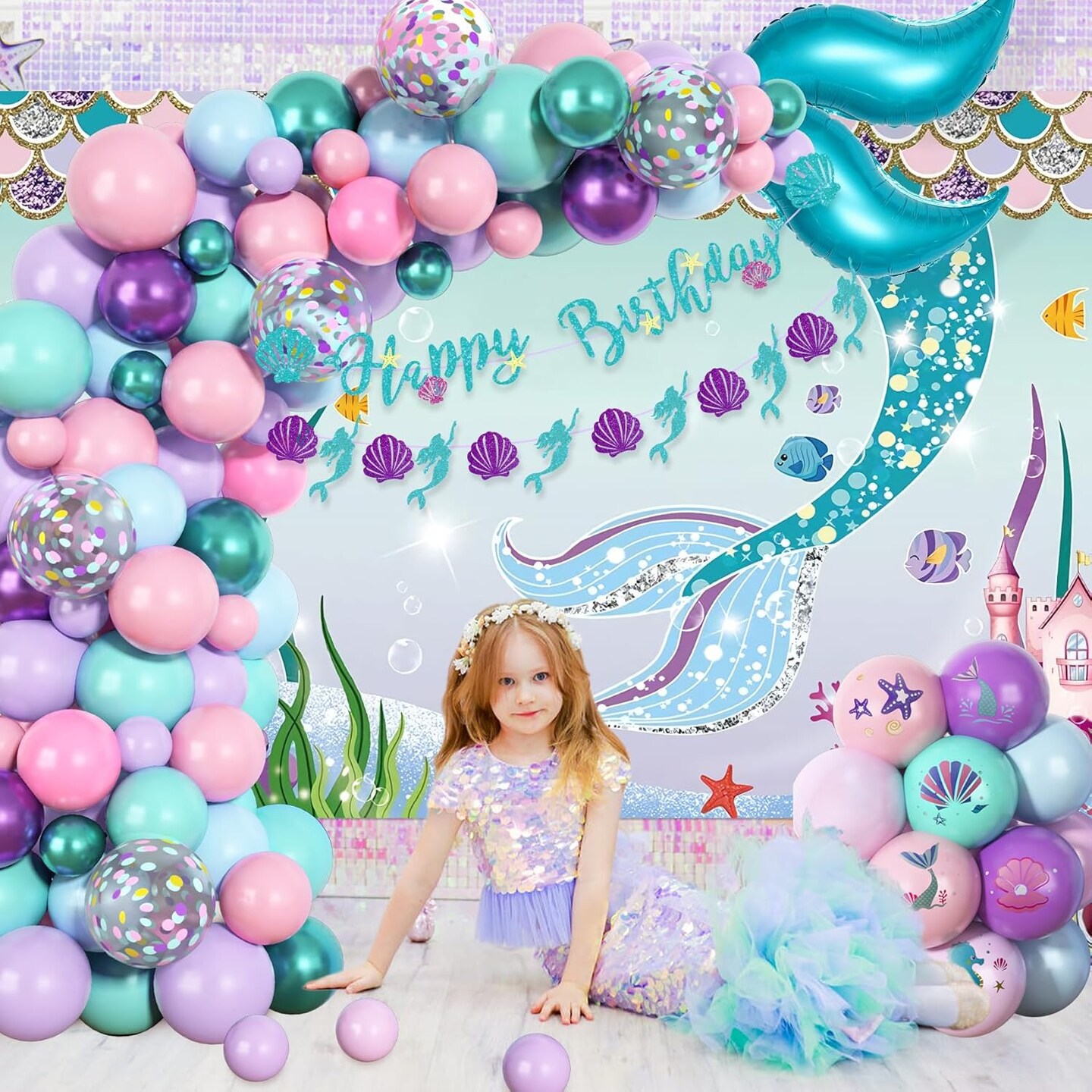 138Pcs Mermaid Birthday Party Decorations, Pink Purple Blue Mermaid Balloon Garland Arch Kit Birthday Banner Cake Topper Tail Shell Balloons Party Supplies