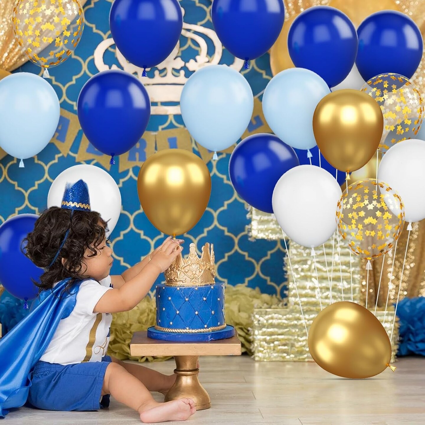 Blue Gold Balloons, 12 Inch Royal Blue and Gold Balloons, Blue and White Gold Balloons Metallic Gold Star Confetti Latex Balloons