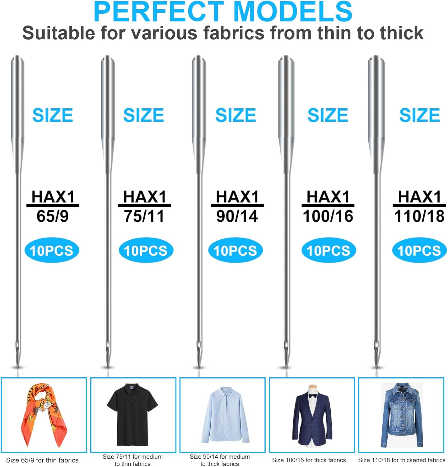 50PCS Universal Sewing Machine Needles – HAX1 Sizes 65/9 to 110/18 for Singer, Brother & Janome