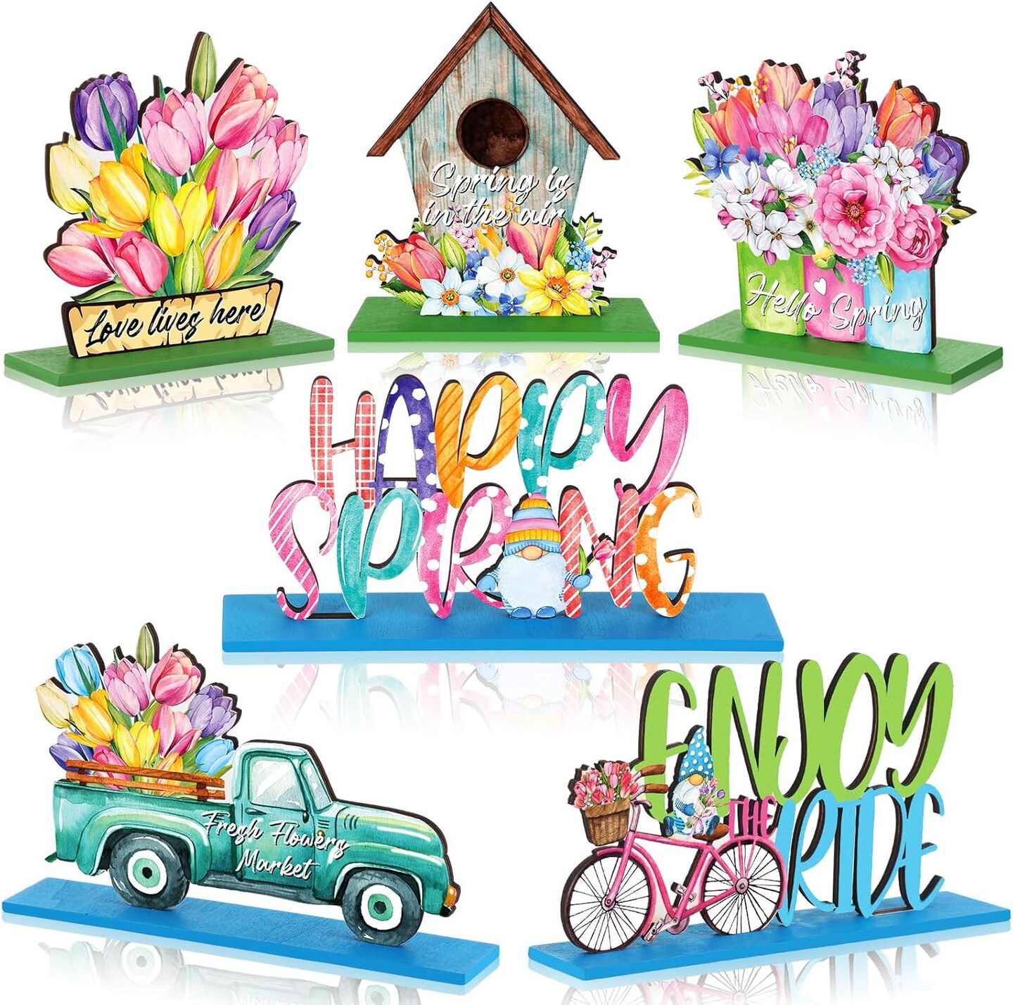 Spring Table Decorations, 6 Pcs Wooden Flower Signs, Rustic Freestanding Tabletop for Party Restaurant Decor (Spring, 4.72 inches / 12 cm)