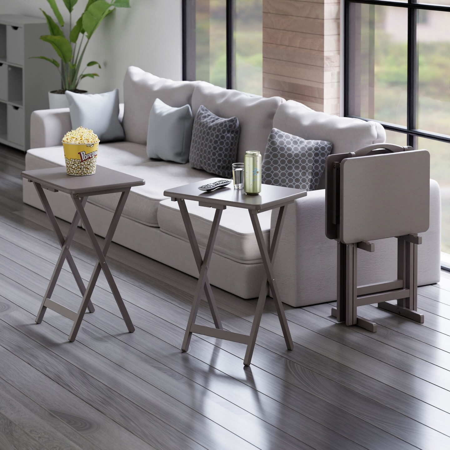 Contemporary Home Living Rectangular Folding Snack Tables with Rack - 30.75" - Oyster Gray - 5pc