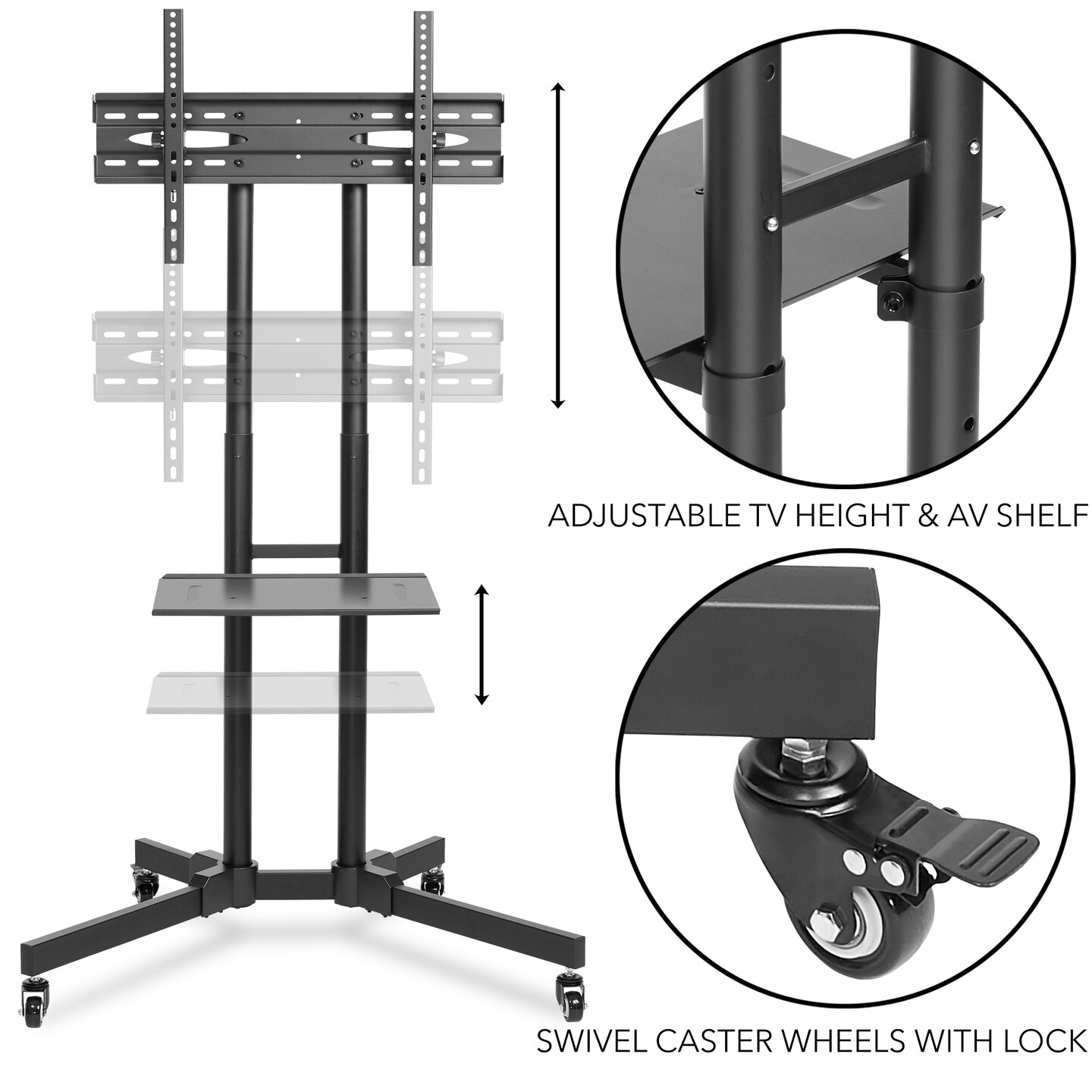 Mount Factory Rolling TV Stand Mobile TV Cart for 32-65 inch Plasma Screen, LED, LCD, OLED, Curved TV&#x27;s - Universal Mount with Wheels