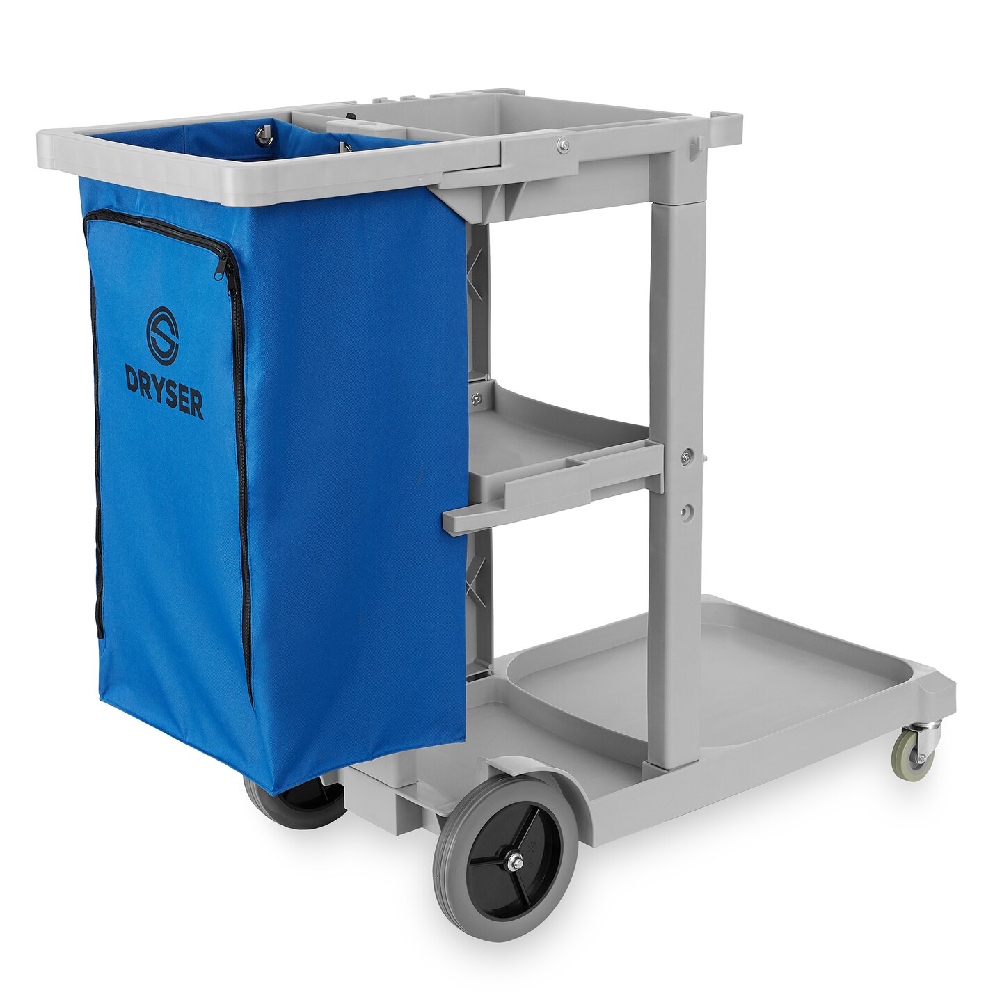 Dryser Commercial Janitorial Cleaning Cart on Wheels with Shelves and Vinyl Bag &#x26; Commercial Mop Bucket with Side Press Wringer, 26 Qt. Blue
