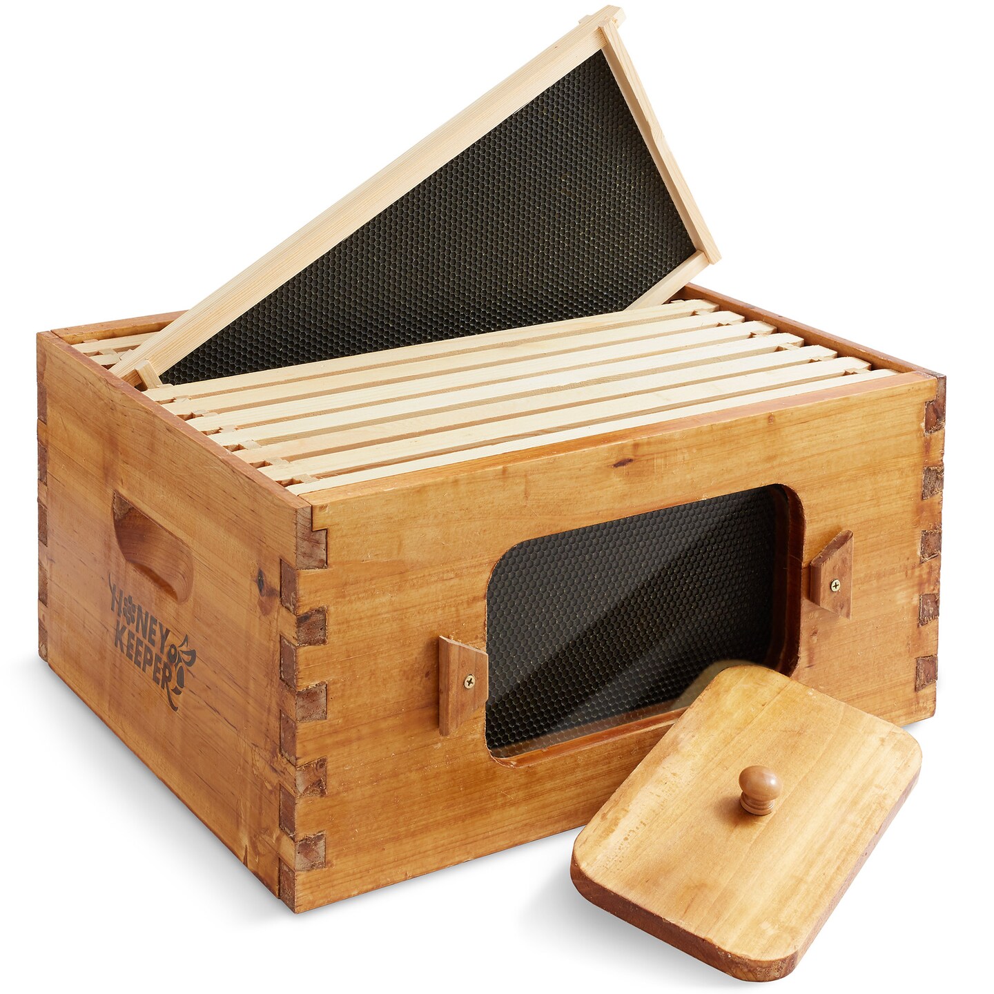 Honey Keeper Brood Box with Window, 100% Beeswax Coated Beehive Kit with 10 Wooden Frames and Waxed Foundations for Langstroth Beekeeping