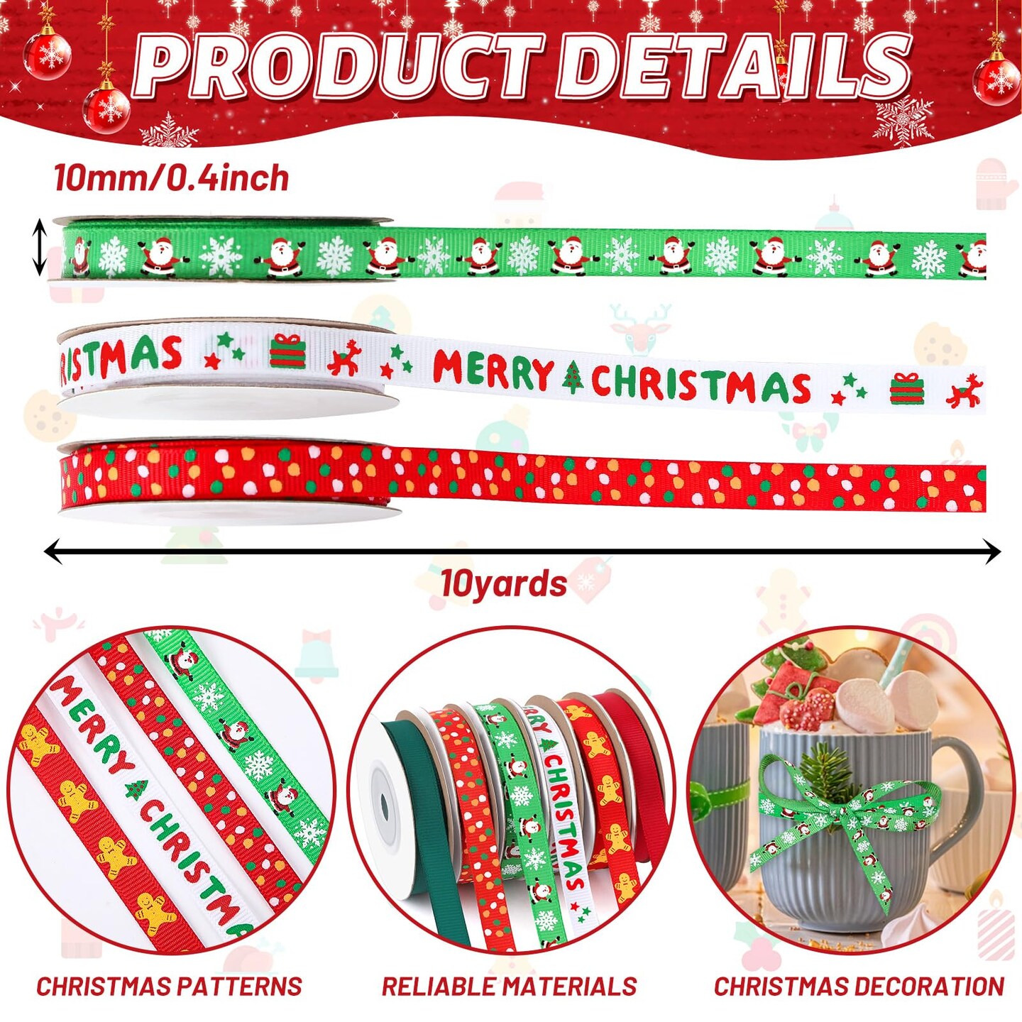 Christmas Ribbon, 6 Rolls 60 Yards Snowflakes Santa Claus Gingerbread Man Dots Ribbon for Christmas Crafts, 10mm Wide Grosgrain Ribbons for Gift Wrapping, Party, Home Decor