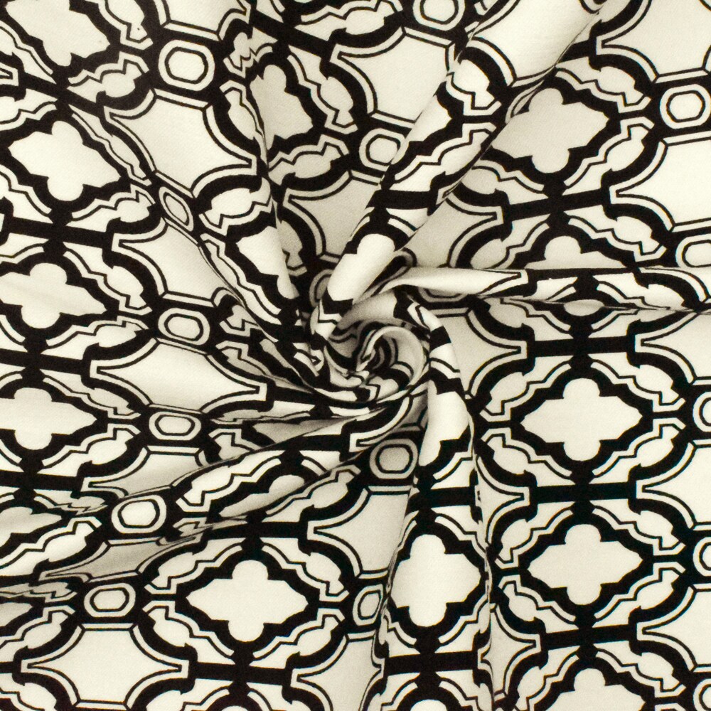 Ivory-Black Fancy Quatrefoil Printed Stretch Twill Woven Fabric By the Yard