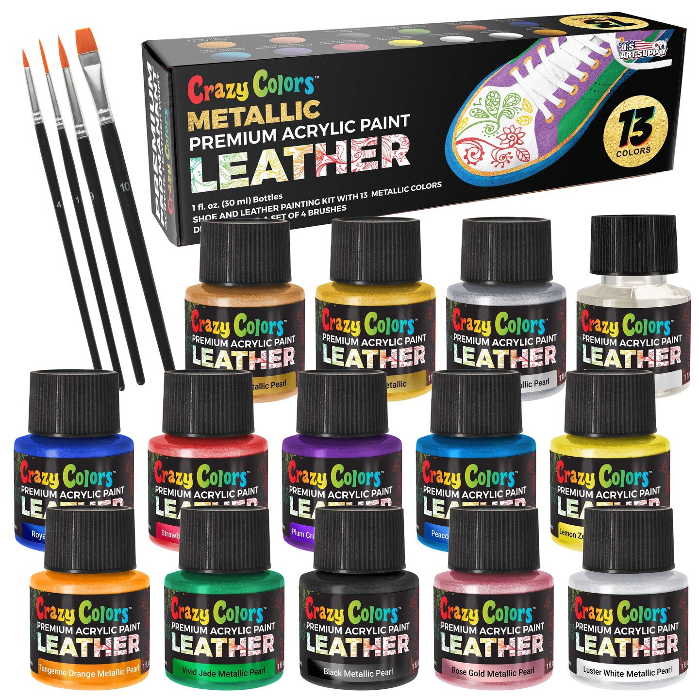 Premium Acrylic Shoe & Leather Paint Kit 13 Metallic Pearl Colors with 4 Brushes (1 oz Bottles) - Acrylic Leather Paint for Shoes, Sneakers, Jackets, Bags, Purses, Furniture