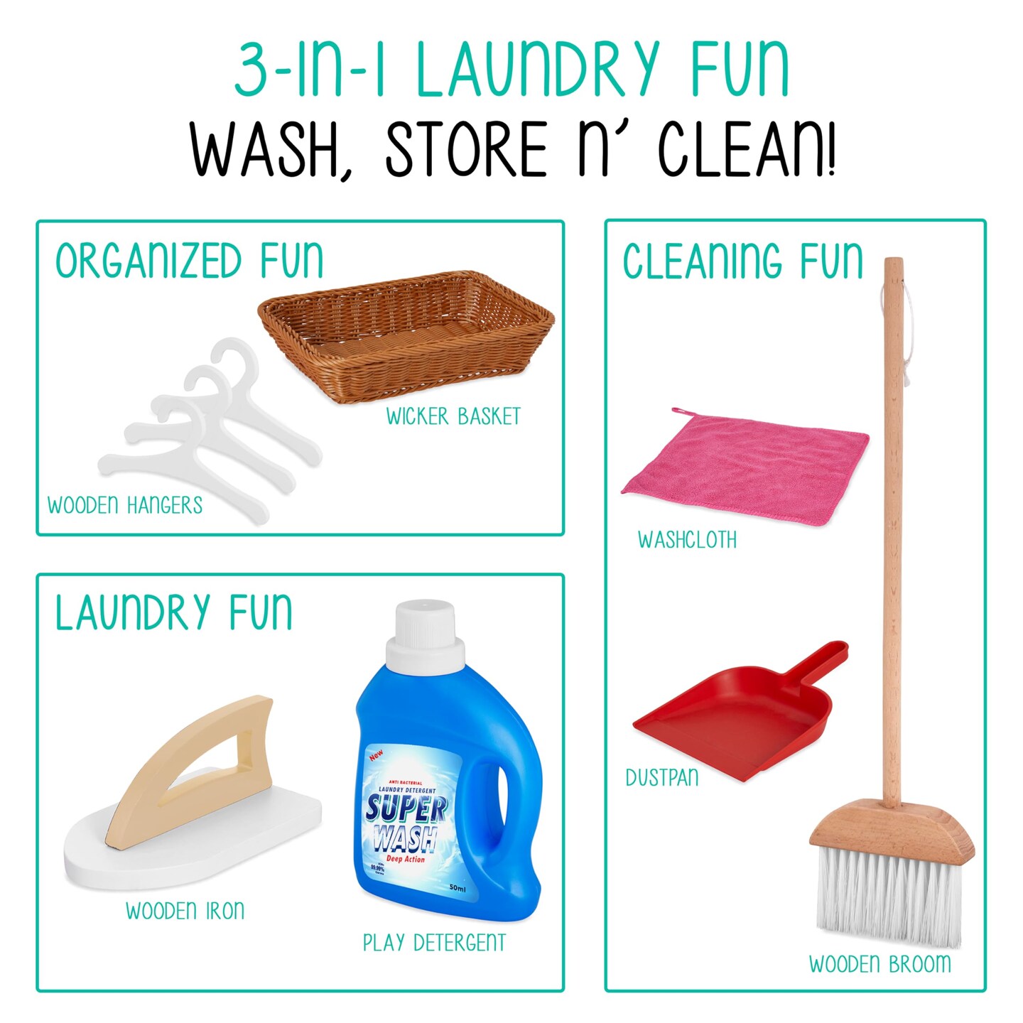 Lil' Jumbl Wooden Pretend Laundry Playset for Kids with Washer and Dryer