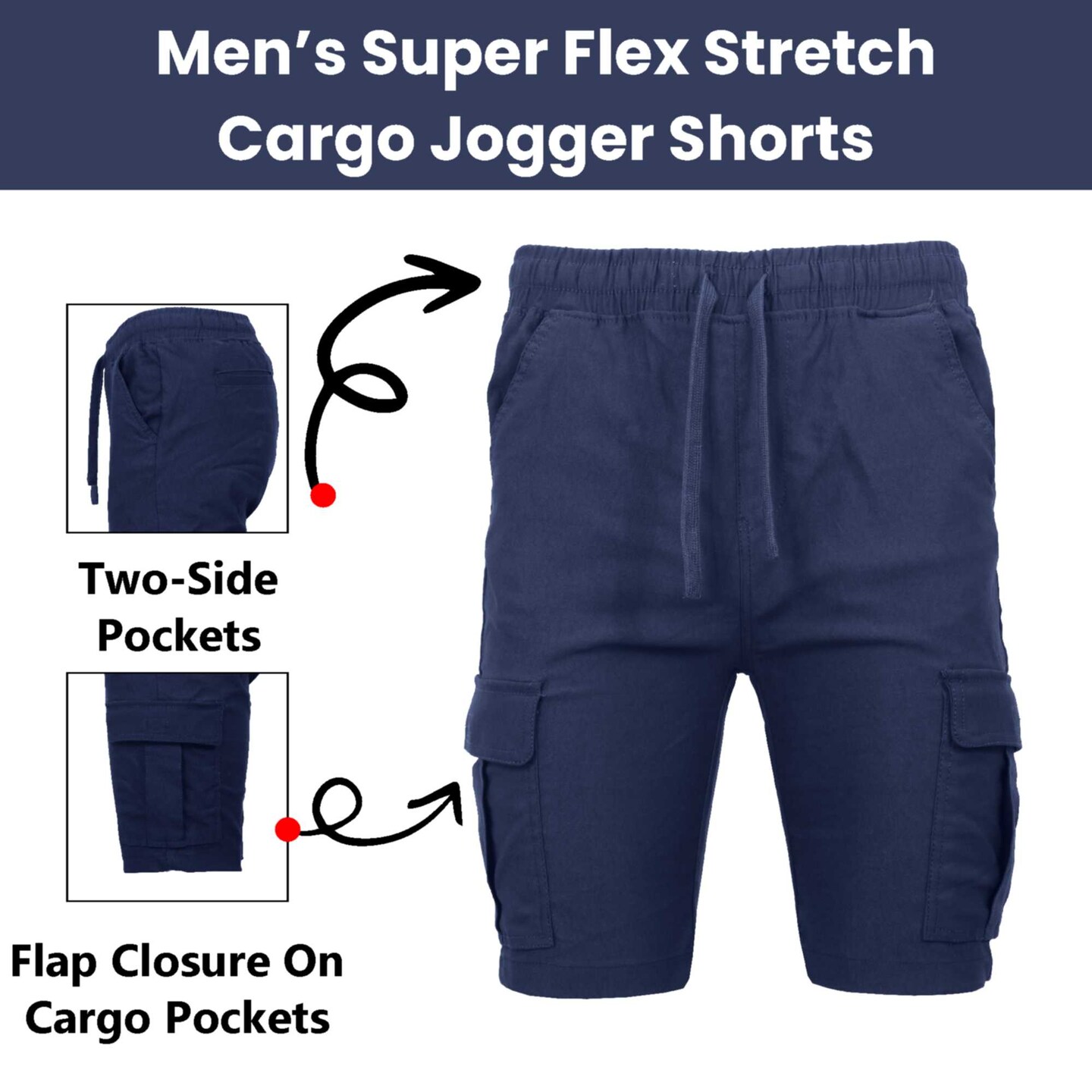 Men’s Flex Cargo Shorts with Elastic Waistband and Drawstring – Comfortable Fit with 6 Pockets and Stretch Fabric (S-2XL)