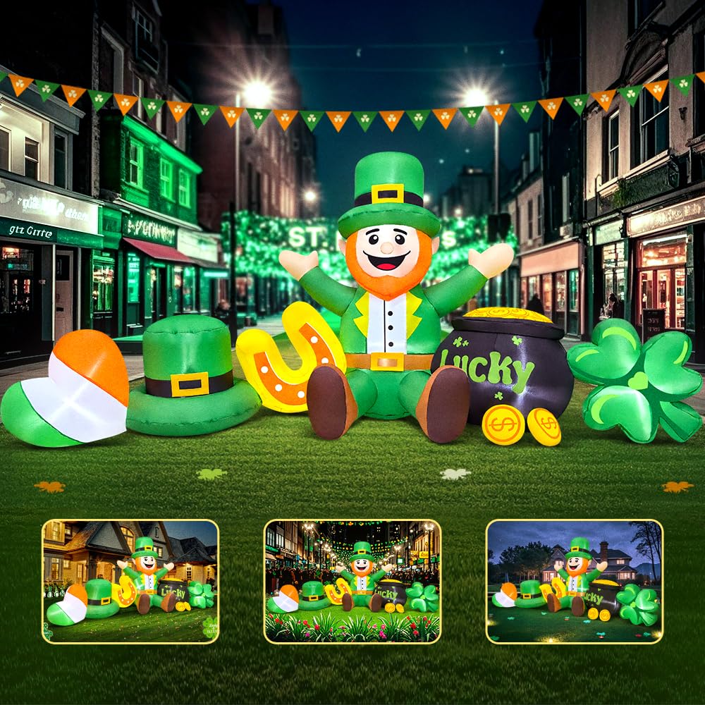 8 FT Long St Patricks Day Inflatables Outdoor Decorations,Inflatable Leprechaun with Clover &#x26; Gold Coins Combo Blow Up Yard Decorations for Holiday Party Yard Lawn Garden
