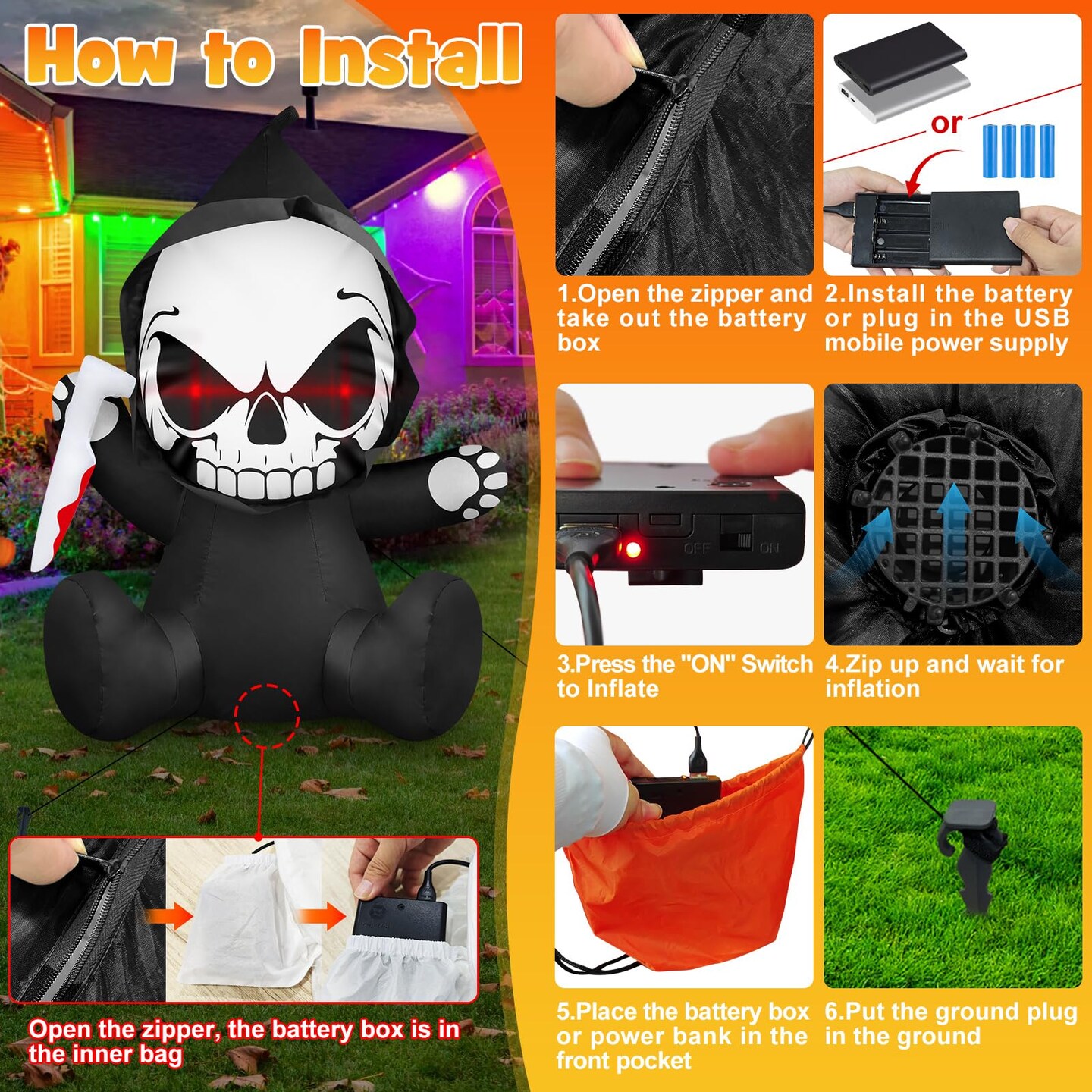 3.5 FT Halloween Inflatables Wearable Grim Reaper Outdoor Decoration with Red Eyes Holding Knife Halloween Blow Up Decorations Built-in LEDs Coming Out of Window Garden Indoor Roof Car