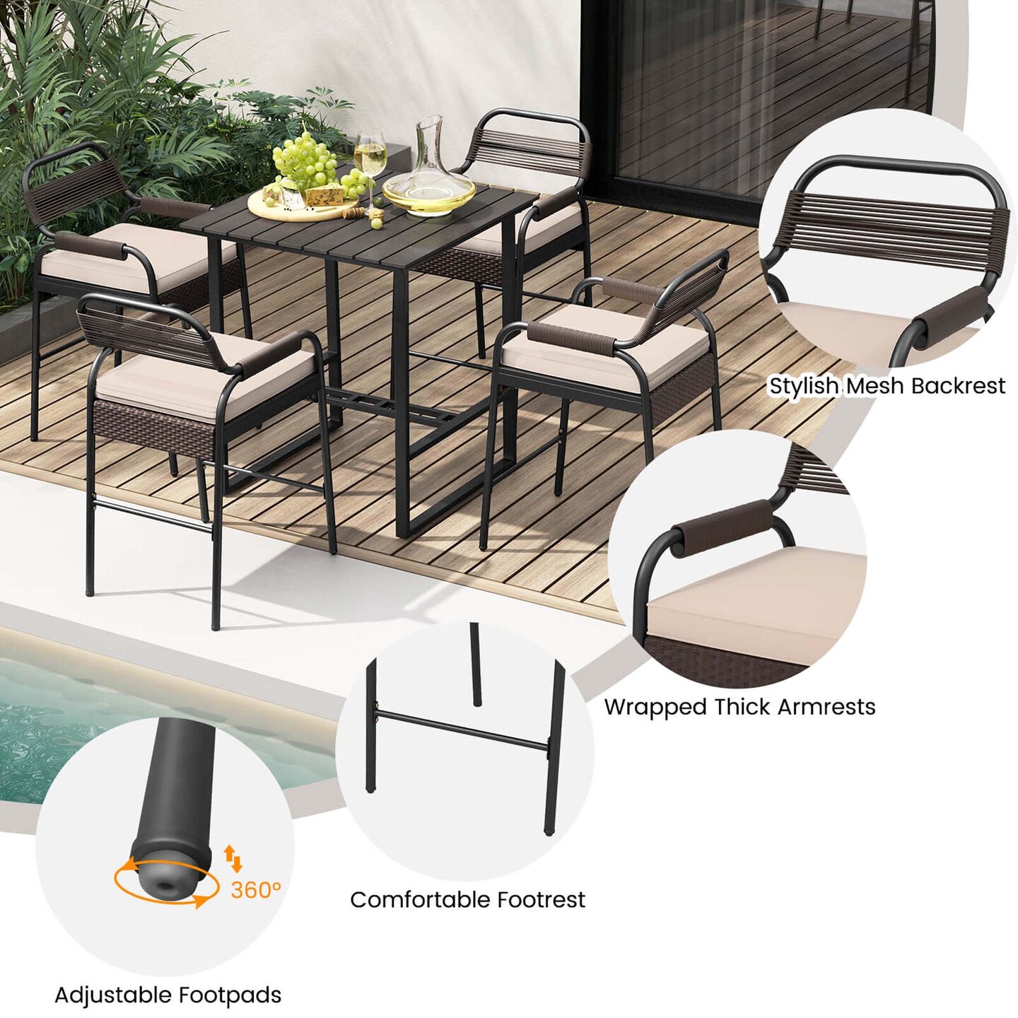 Costway 5-Piece Counter Bar Set Patio Rattan Counter Set with Cushioned Seat