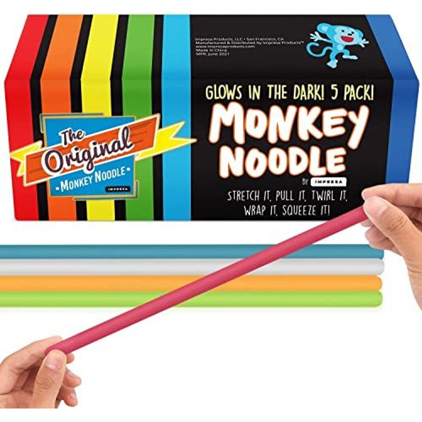 IMPRESA 5-Pack Glow in The Dark Original Monkey Noodle Stretchy String Fidget / Sensory Toys (BPA/Phthalate/Latex-Free) - Stretches from 10 Inches to 8 Feet!