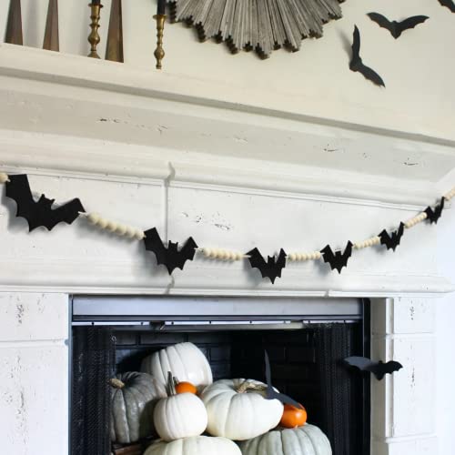 Halloween Decorations Indoor/Outdoor, Wood Halloween Felt Bats Bead Garland Banner for Halloween Decor, Farmhouse Halloween Decorations for Fireplace Mantle Walls