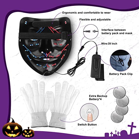 Halloween Mask Skeleton Gloves Set, 3 Modes Light Up Scary LED Mask with LED Glow Gloves, Halloween Decorations Anonymous Carnival Costumes glow purge Masks Gift for Boys Girl