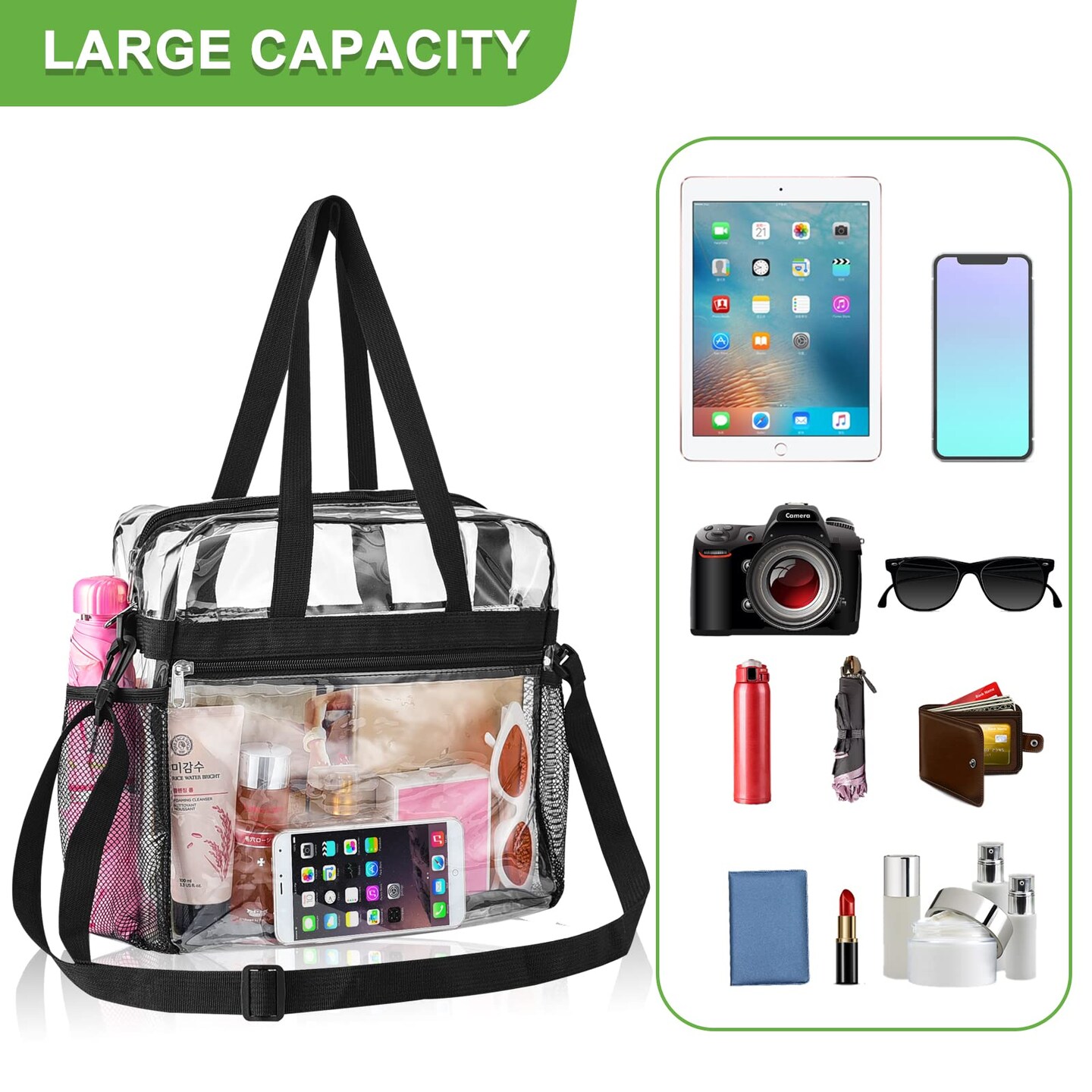 Clear Bag Stadium Approved 12x6x12 Clear Tote Bag with Removable Strap Clear Lunch Bag for Work Sports Festival (Black)