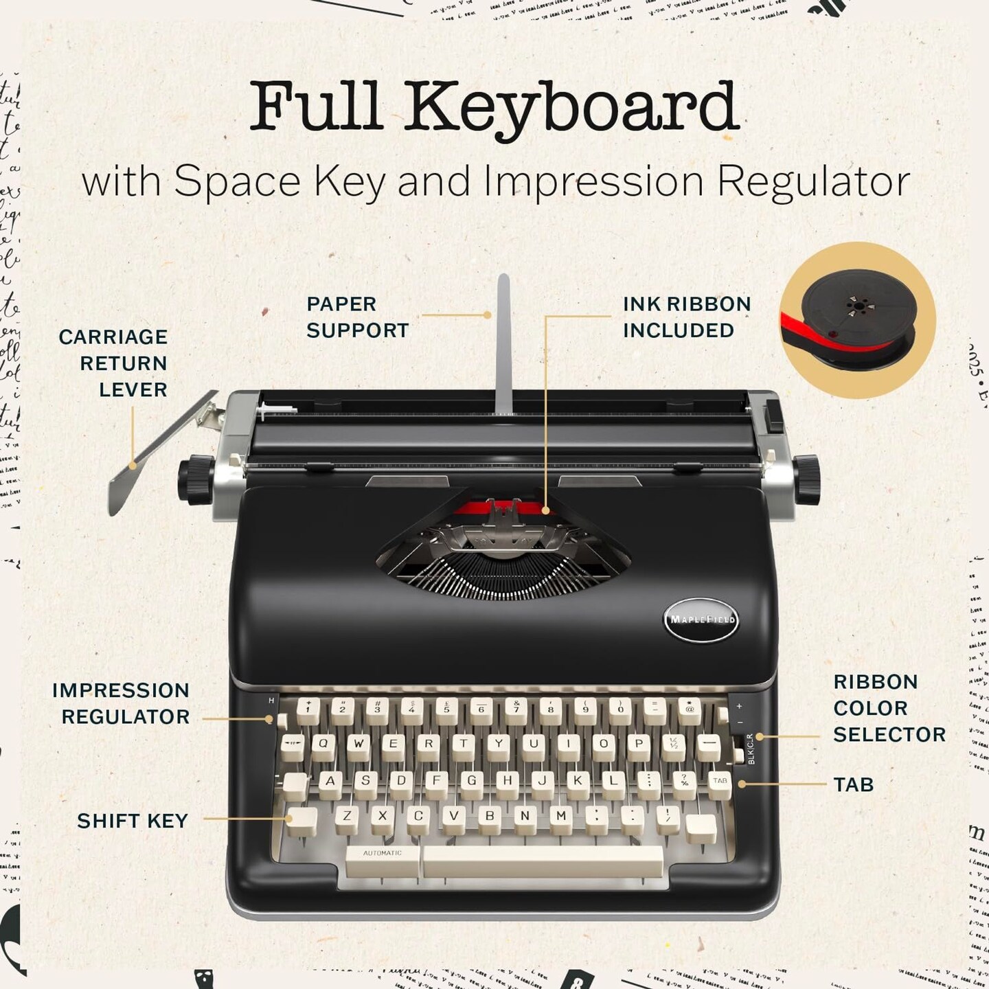 Maplefield Manual Typewriter - Vintage Typewriter for Home &#x26; Office Decor - Easy Setup, Great Gift for Writers (Black)