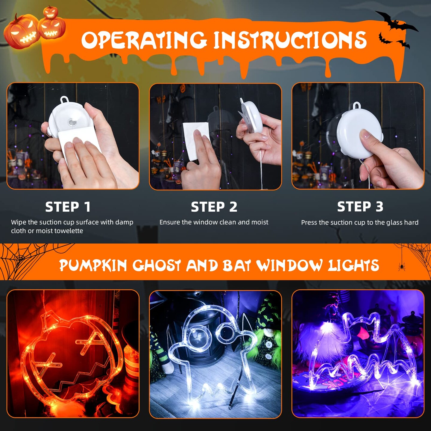 3 Pieces Halloween Decorations Orange Pumpkin, White Ghost, Purple Bat Halloween Window Lights with Suction Cup, Battery Operated Halloween Lights, Upgrade Slow Fade Mode and Timer Function