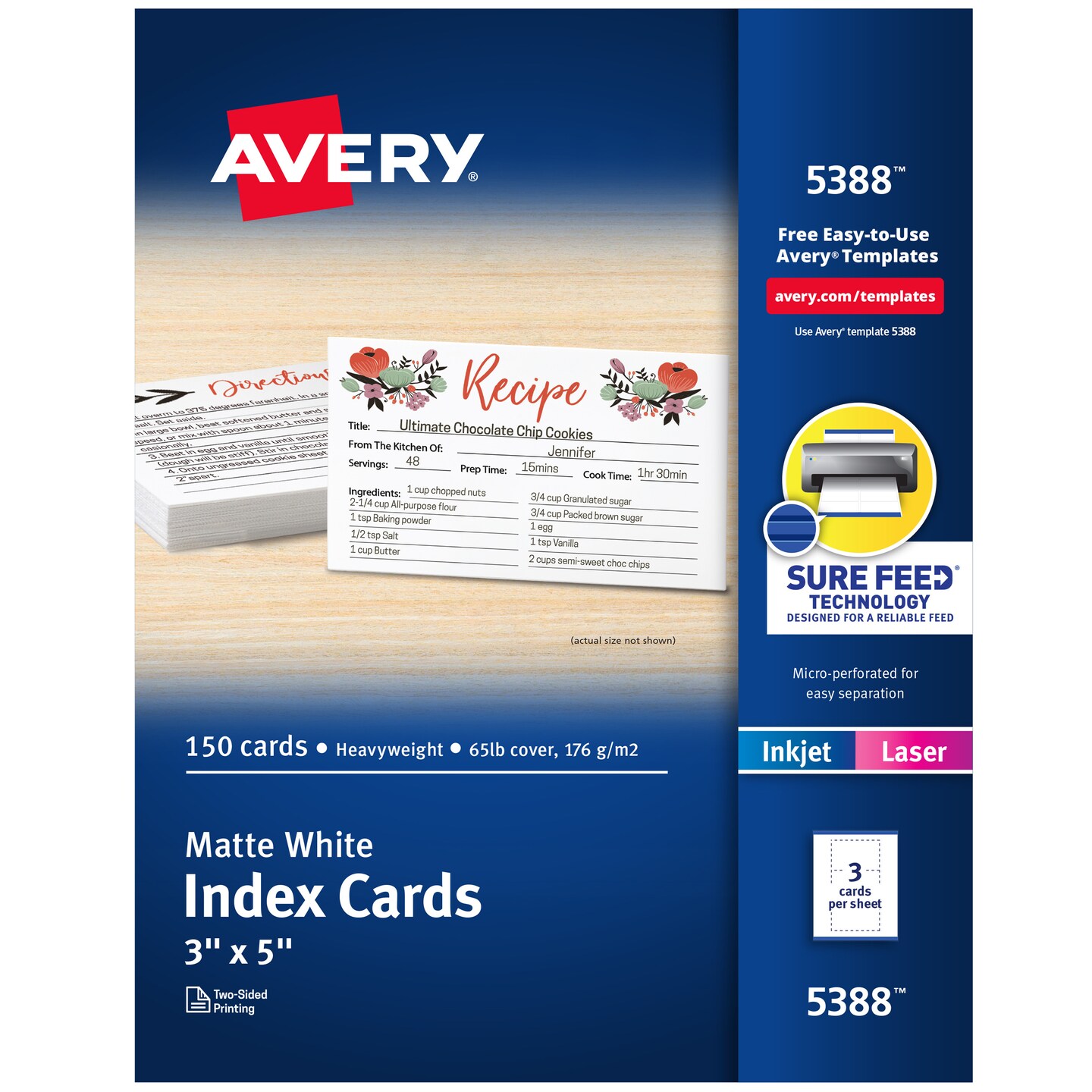 Avery Printable Index Cards, Sure Feed Technology, 3" x 5", Matte White, Laser & Inkjet Compatible, 150 Blank Cards Total (5388)