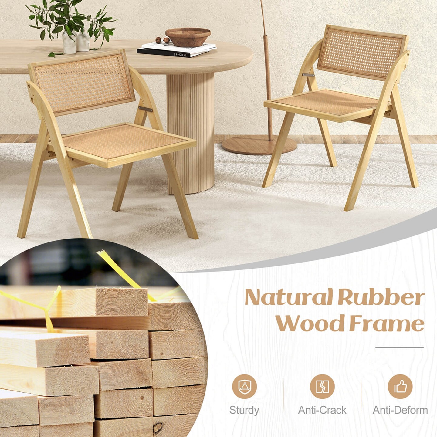 Costway Foldable Dining Chairs Set of 2/4 with Woven Rattan Backrest &#x26; Seat Rubber Wood Frame Natural