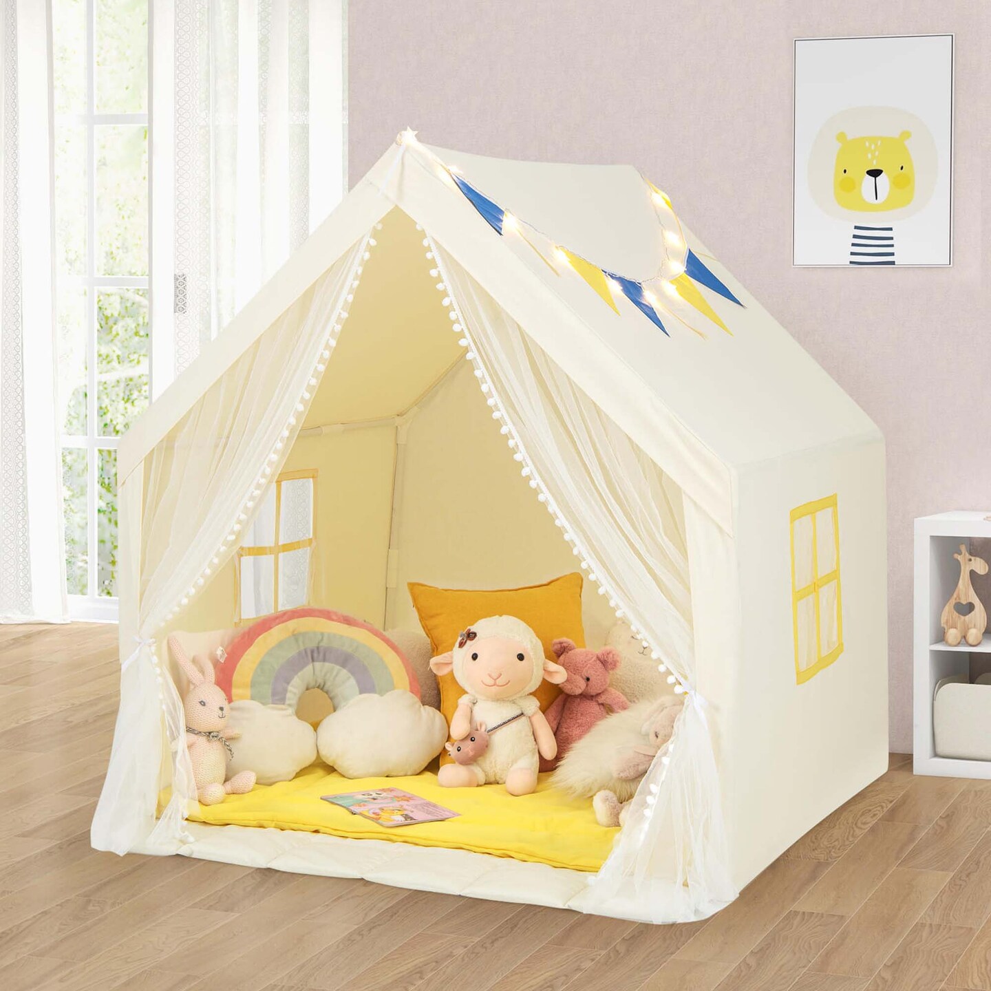 Costway Large Play Tent Kids & Toddlers Playhouse with Washable Cotton Mat, Star Lights
