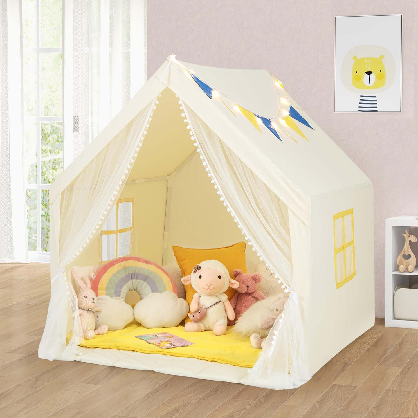 Costway Large Play Tent  Kids &#x26; Toddlers Playhouse with Washable Cotton Mat, Star Lights