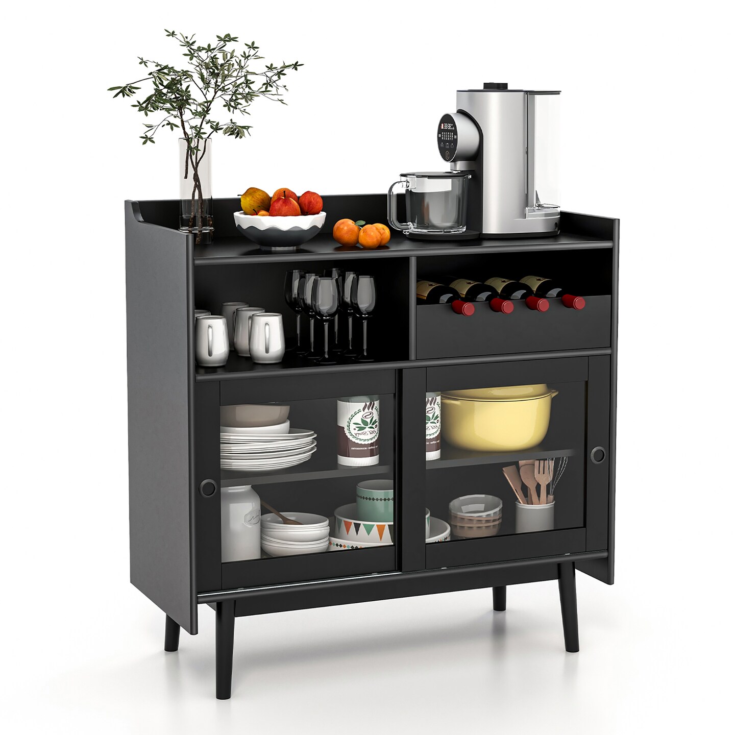 Costway Kitchen Buffet Sideboard Organizer Liquor Bar Cabinet with Wine Rack & Sliding Door