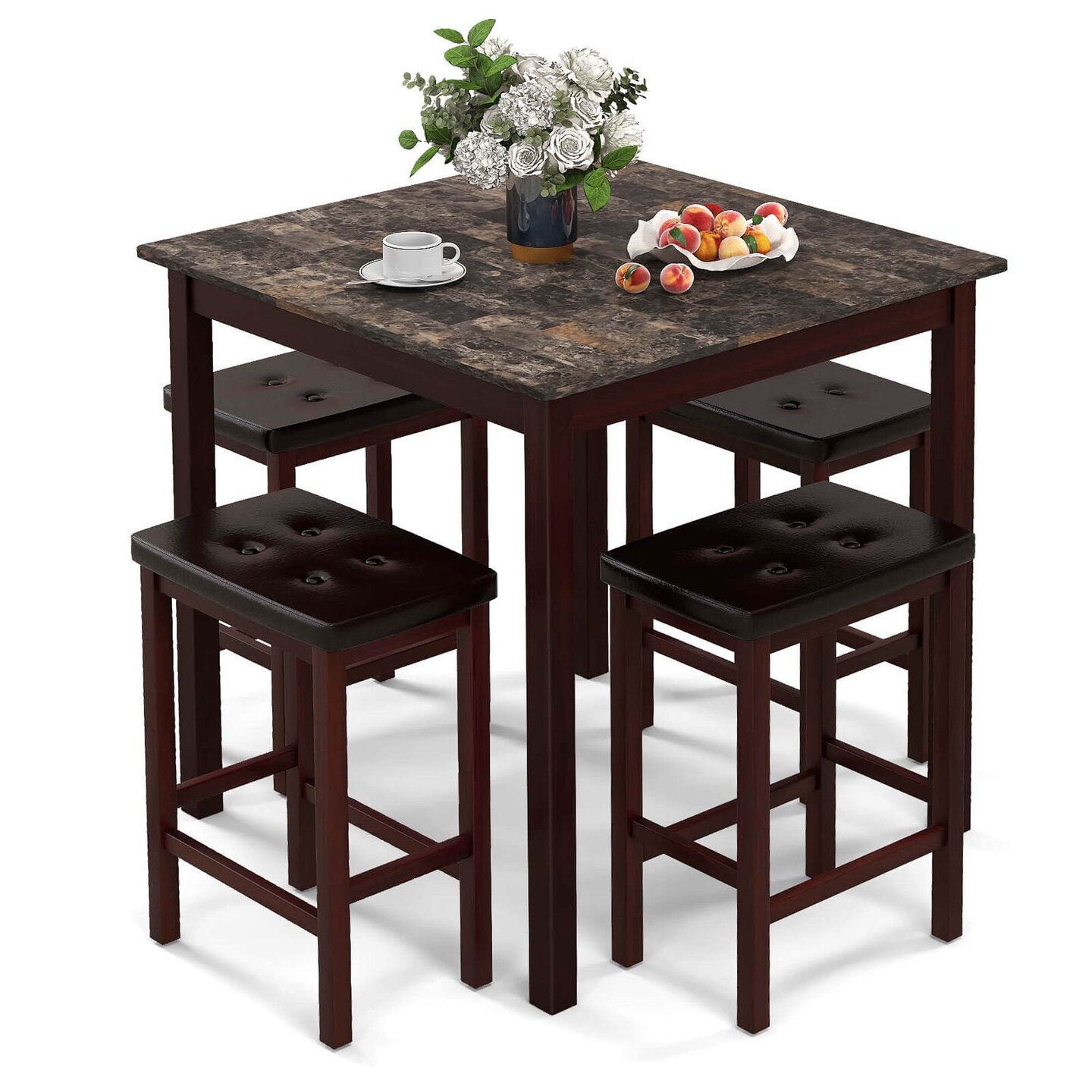 Costway 5 PCS Bar Table Set Square Dining Table &#x26; 4 PVC Leather Upholstered Bar Stools Brown/White