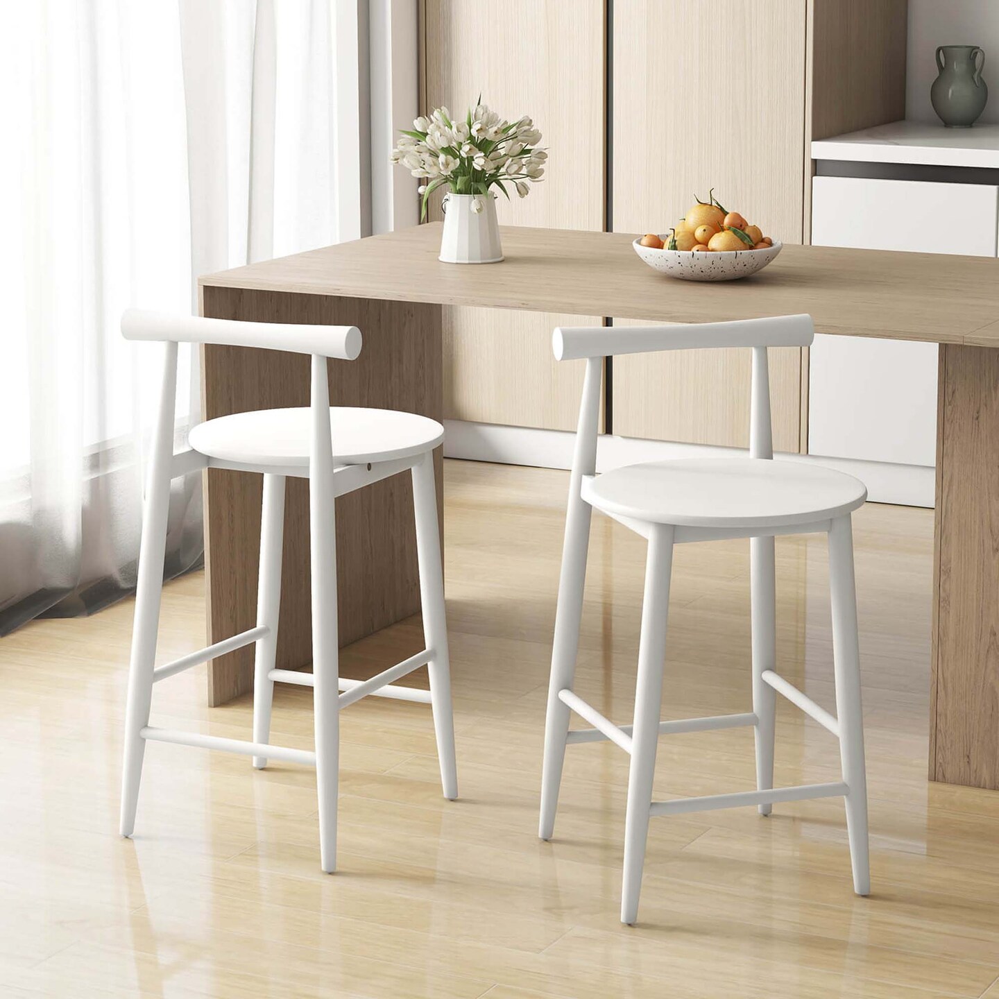 Costway Bar Chair Counter Height Stools Set of 2/4 with Acacia Wood Frame Supporting Legs White