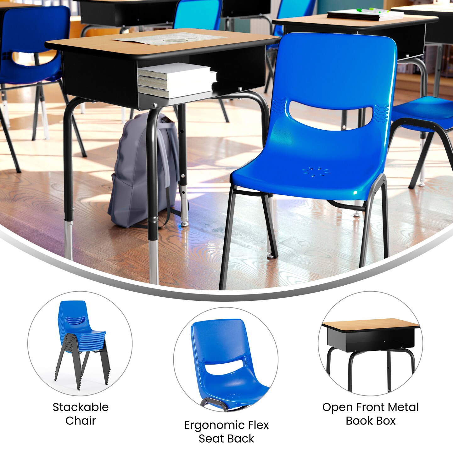 Emma and Oliver Jacobs Desk/Chair Set with Metal Open Front Storage Box, Desktop, Metal Frame and Stackable Flex Comfort Classroom Chair