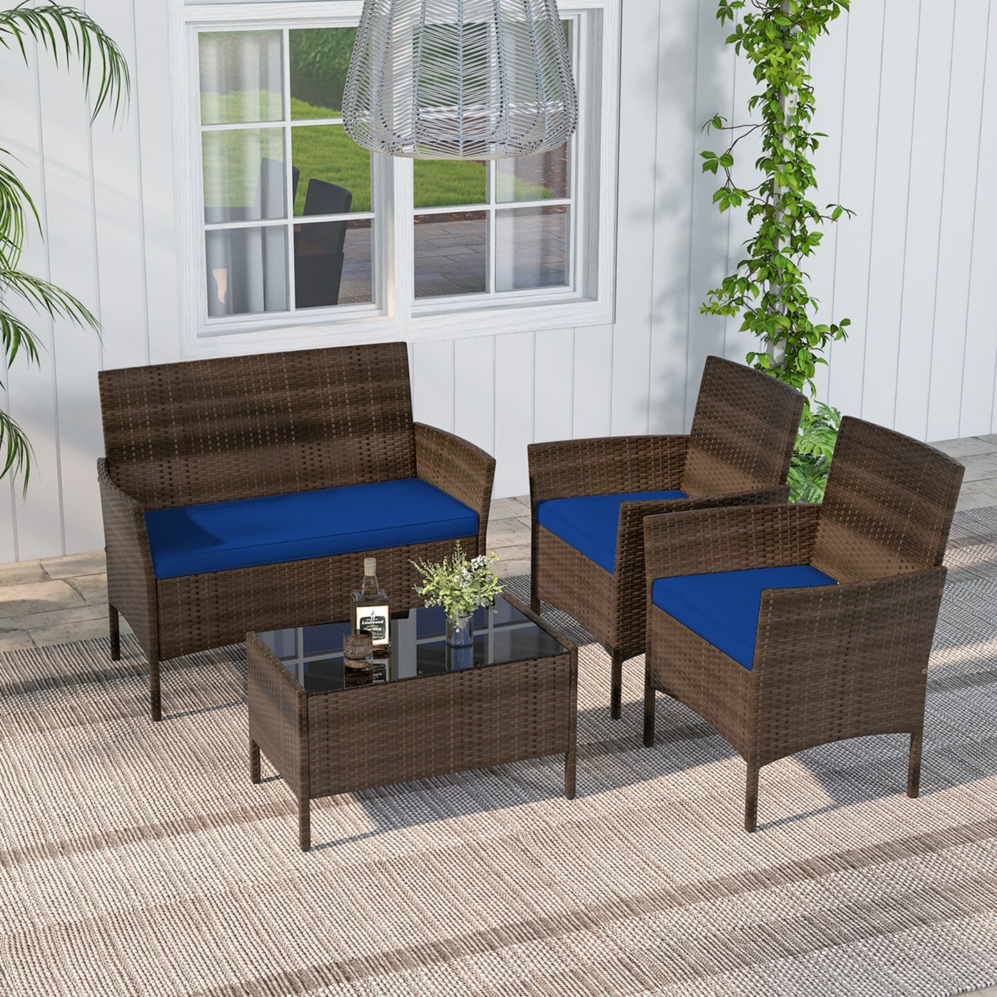 Costway 4 PCS Patio Furniture Set with Washable Cushions and Tempered Glass Coffee Table Beige/Black/Navy/Grey/Turquoise/Red/Blue/Orange