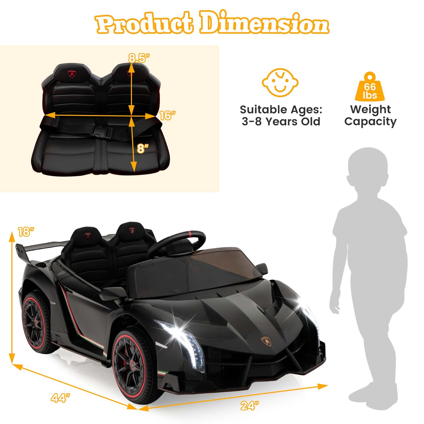 Costway Licensed Lamborghini 4WD Kids Ride-on Sports Car 12V Battery Powered 2.4G Remote Pink/White/Green/Black/Red