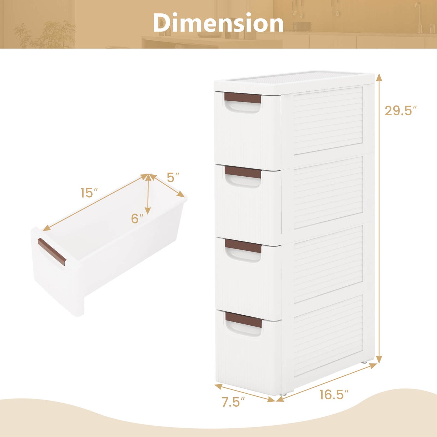 Costway 1/2 PCS 4-Drawer Narrow Rolling Storage Cabinet with Pull Handles Built-in Wheels