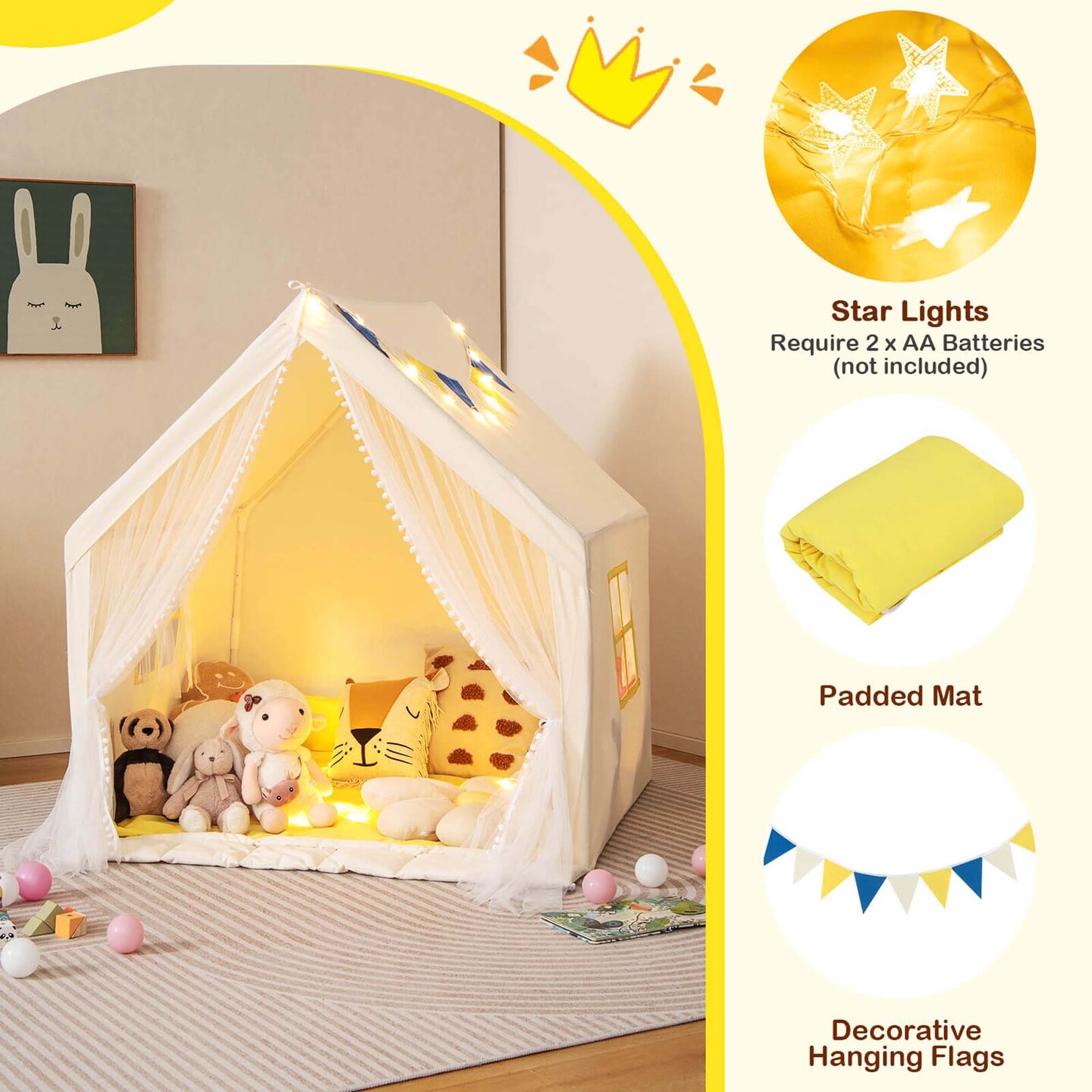 Costway Large Play Tent  Kids &#x26; Toddlers Playhouse with Washable Cotton Mat, Star Lights