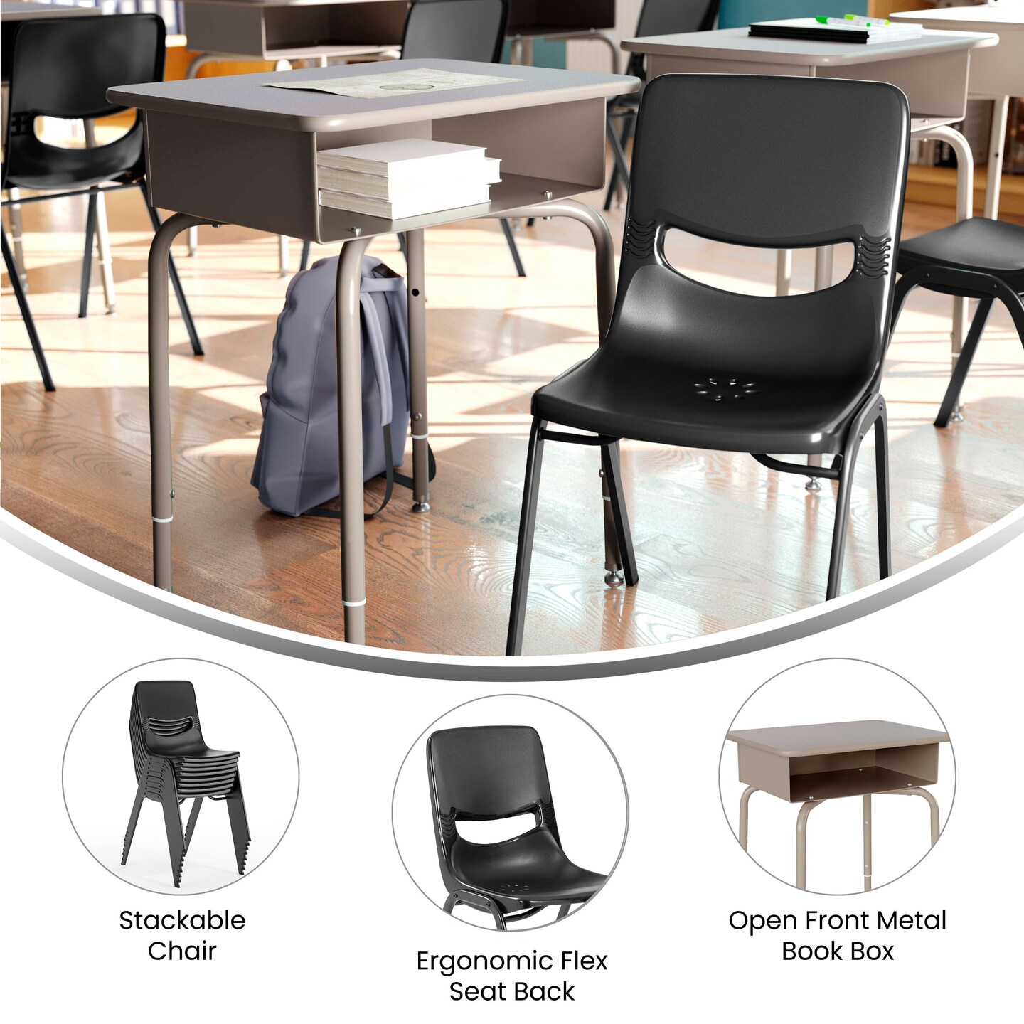 Emma and Oliver Jacobs Desk/Chair Set with Metal Open Front Storage Box, Desktop, Metal Frame and Stackable Flex Comfort Classroom Chair