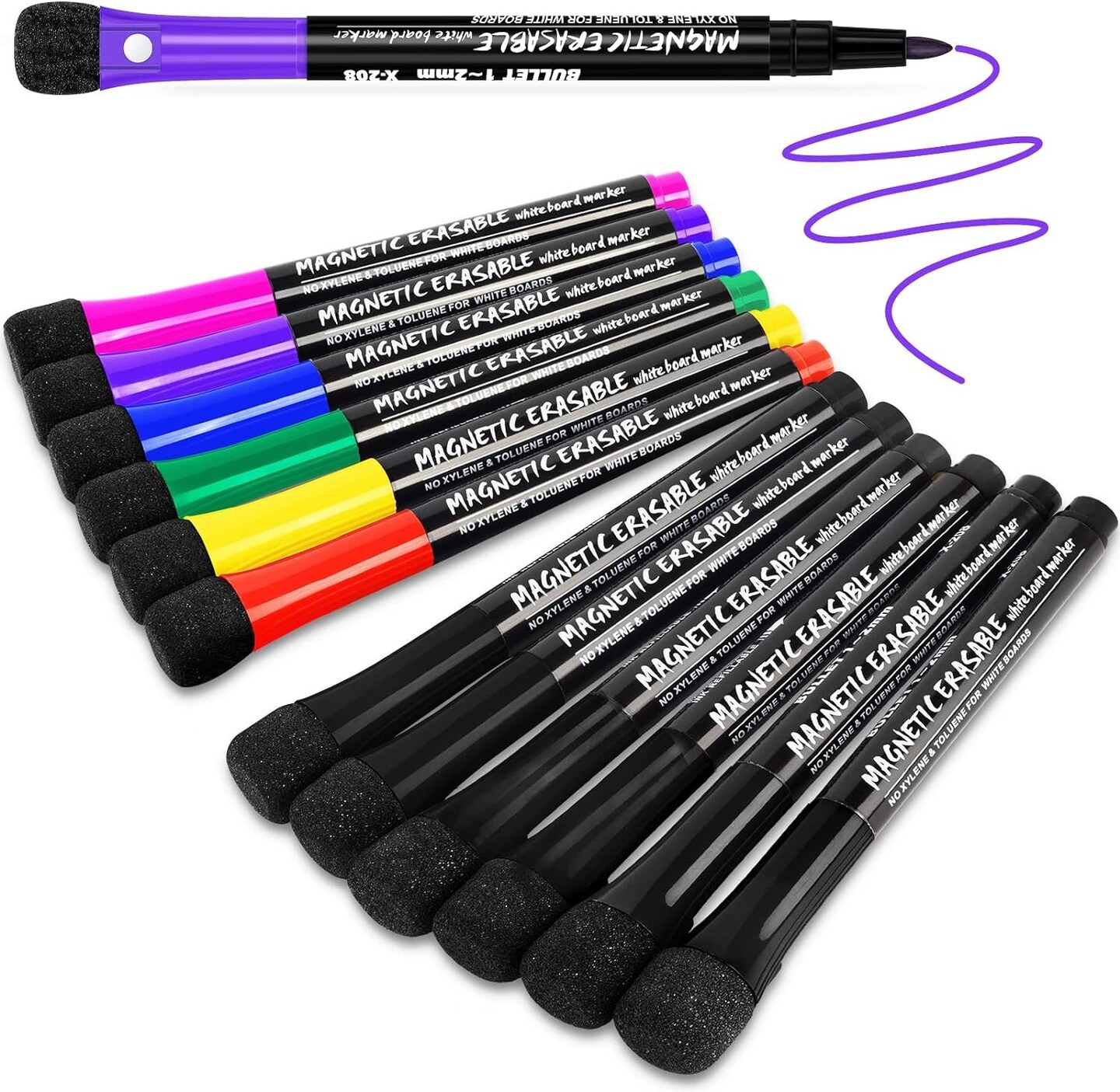 Magnetic Dry Erase Markers Fine Point Tip, 12 Colors White Board Marker with Eraser Cap, Low Odor Whiteboard Thin for Kids Teachers Office School Supplies